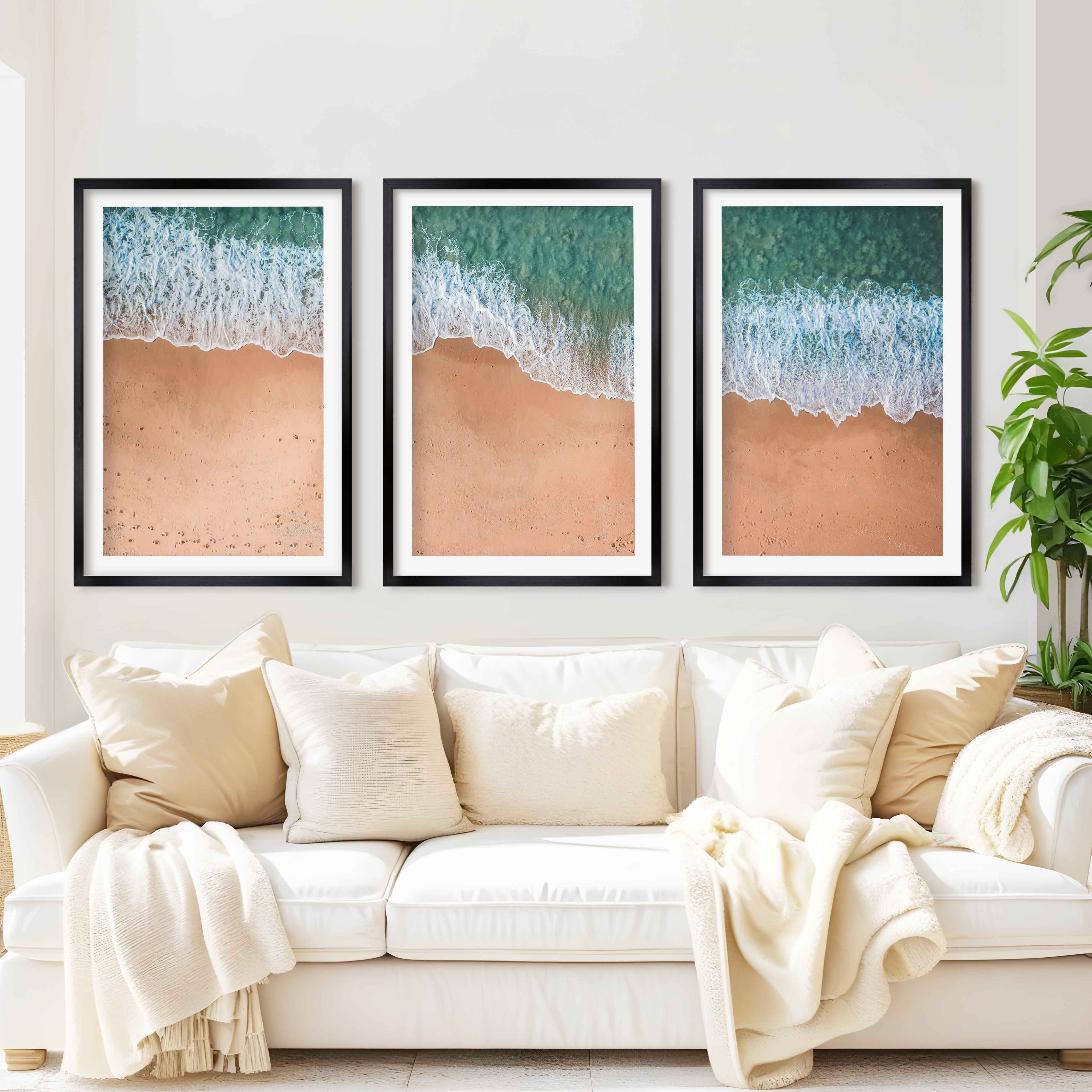 Coastal Style Wall Art – Minimal Aerial Beach Print - Black Framed Poster with White Border - Artworksets