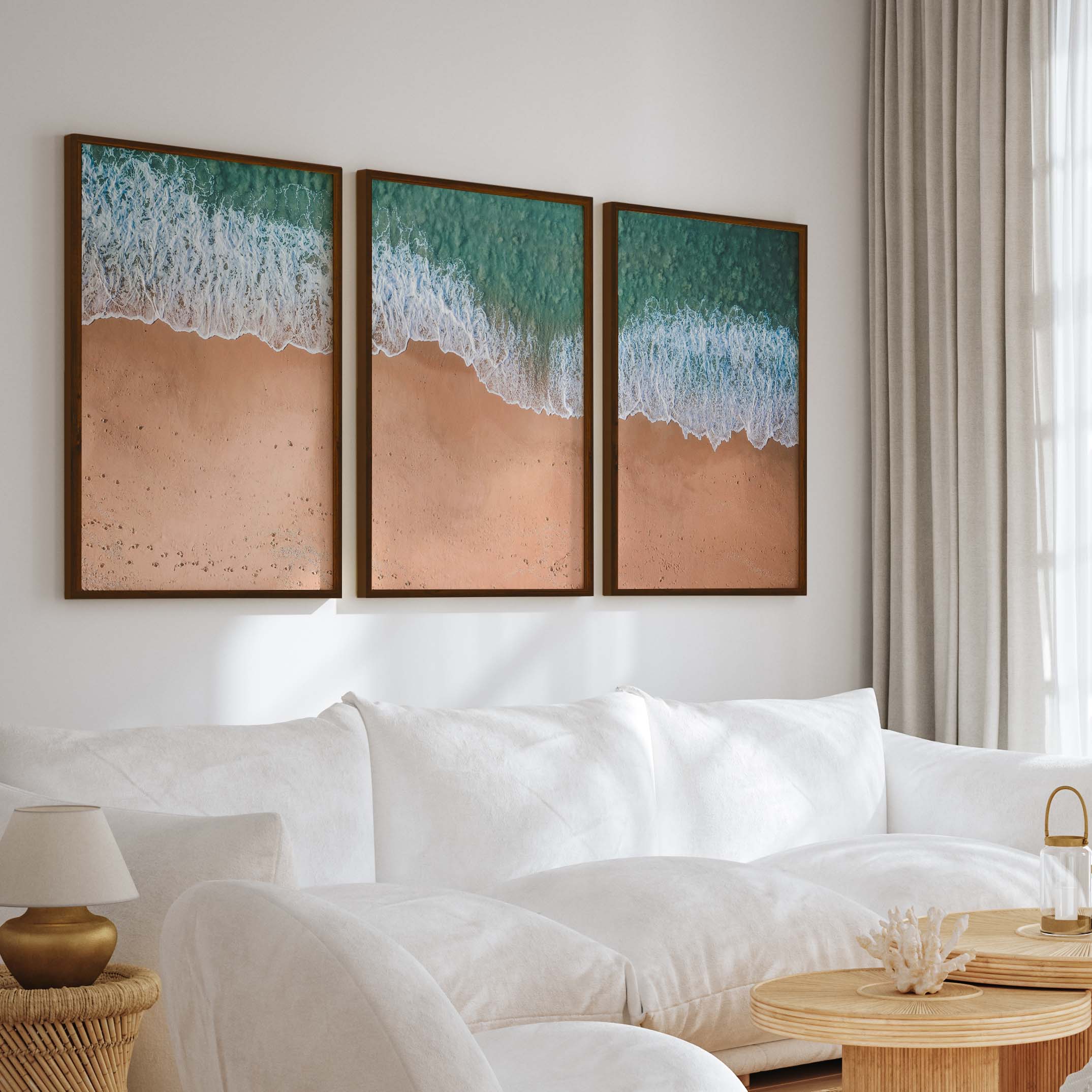 Coastal Style Wall Art – Minimal Aerial Beach Print - Dark Brown Framed Poster No Border - Artworksets