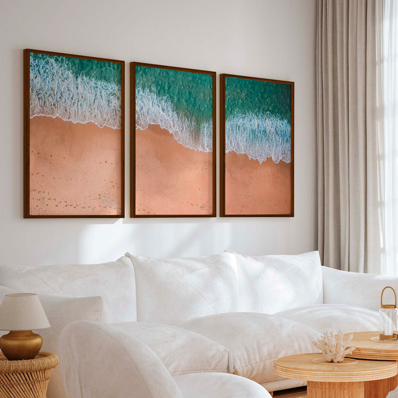 Coastal Style Wall Art – Minimal Aerial Beach Print - Dark Brown Framed Poster No Border - Artworksets