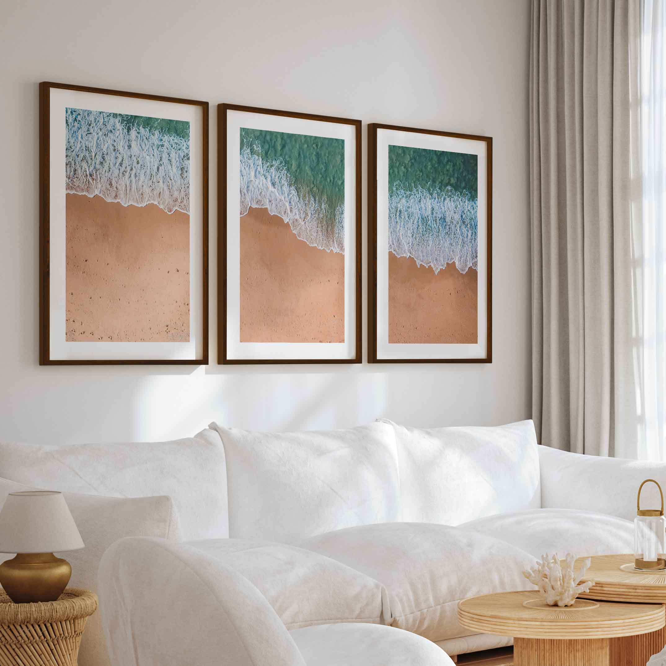 Coastal Style Wall Art – Minimal Aerial Beach Print - Dark Brown Framed Poster with White Border - Artworksets