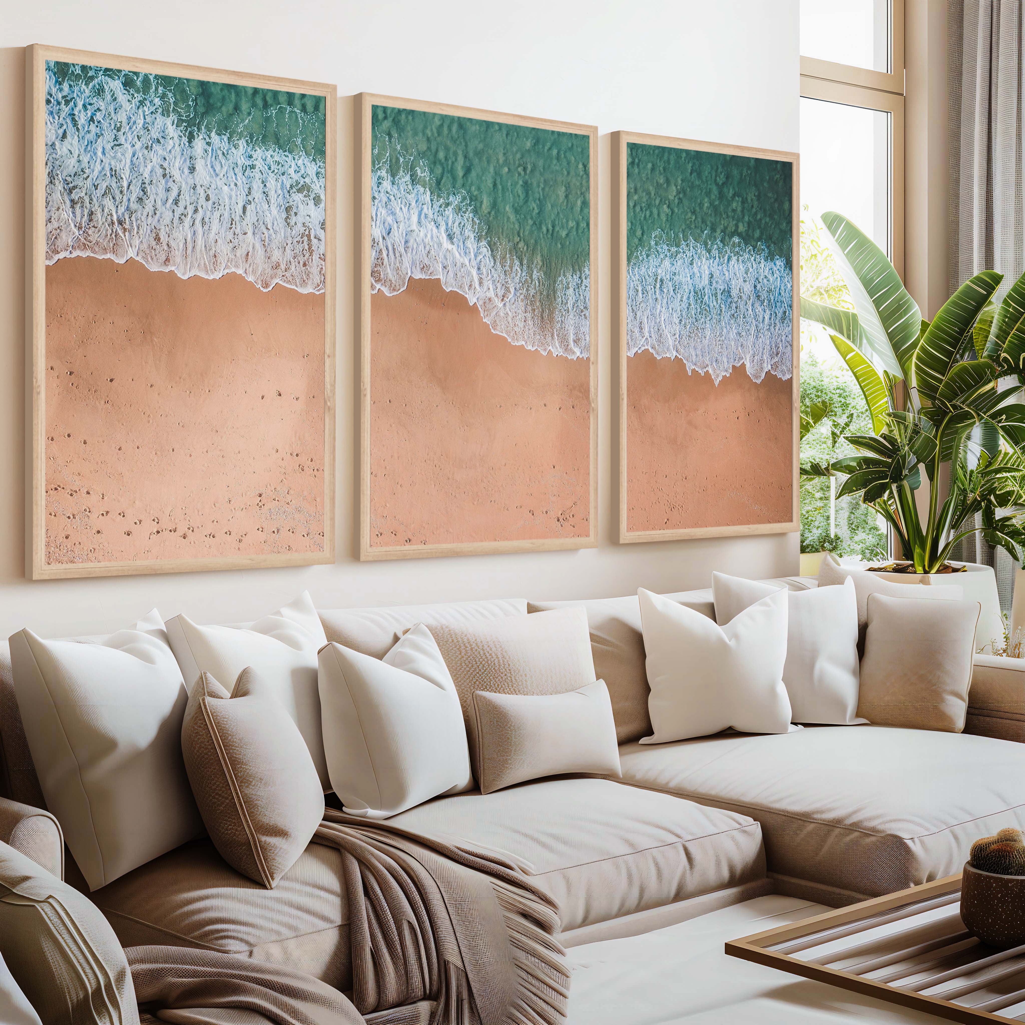 Coastal Style Wall Art – Minimal Aerial Beach Print - Natural Wood Framed Poster No Border - Artworksets