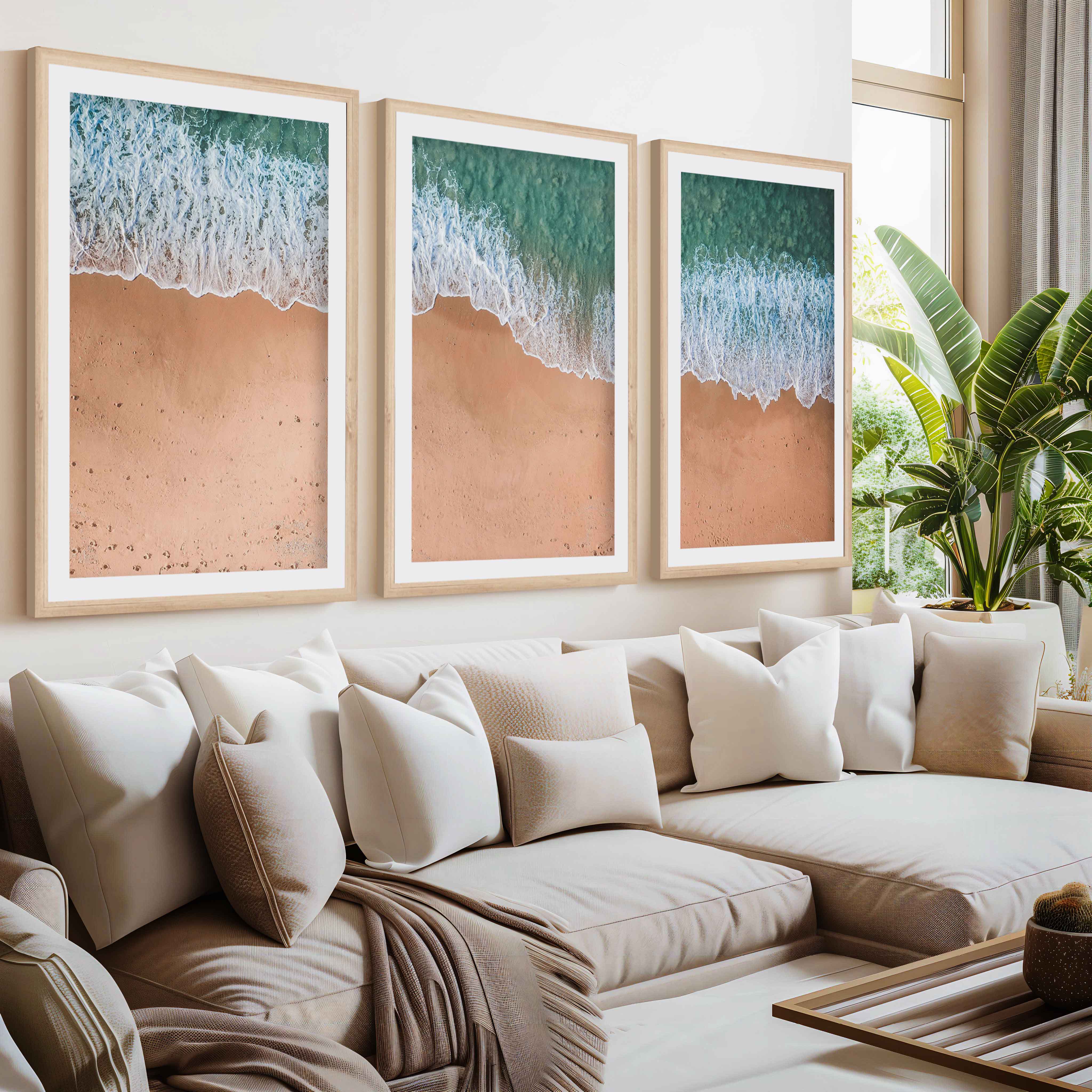 Coastal Style Wall Art – Minimal Aerial Beach Print- Natural Wood Framed Poster with White Border - Artworksets