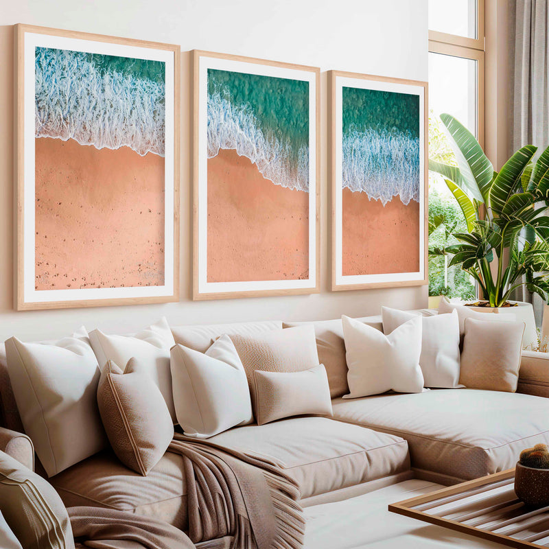 Coastal Style Wall Art – Minimal Aerial Beach Print- Natural Wood Framed Poster with White Border - Artworksets