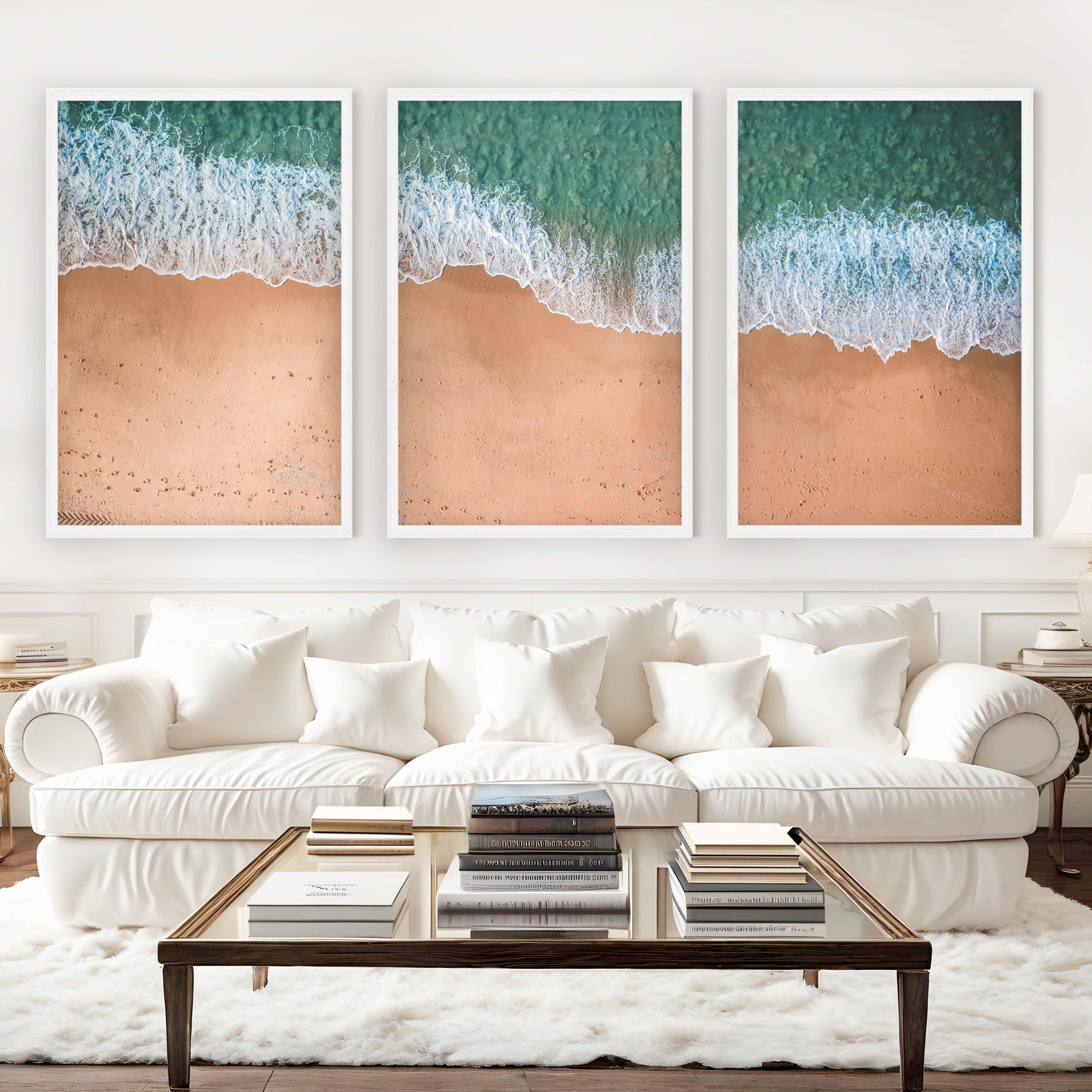 Coastal Style Wall Art – Minimal Aerial Beach Print - White Framed Poster No Border - Artworksets