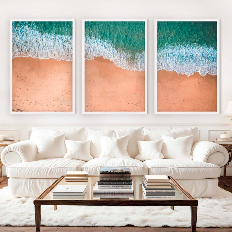 Coastal Style Wall Art – Minimal Aerial Beach Print - White Framed Poster No Border - Artworksets