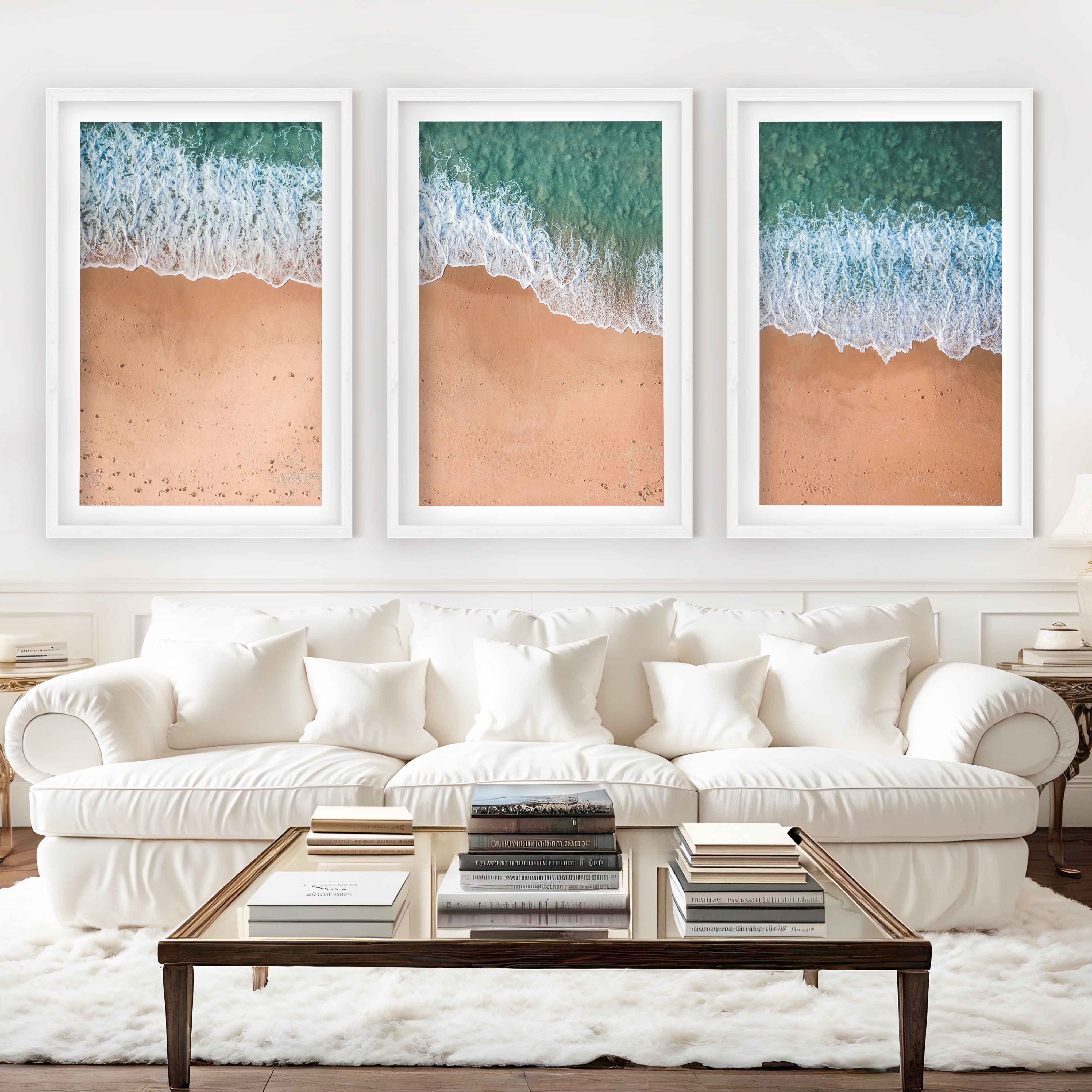 Coastal Style Wall Art – Minimal Aerial Beach Print - White Framed Poster with White Border - Artworksets