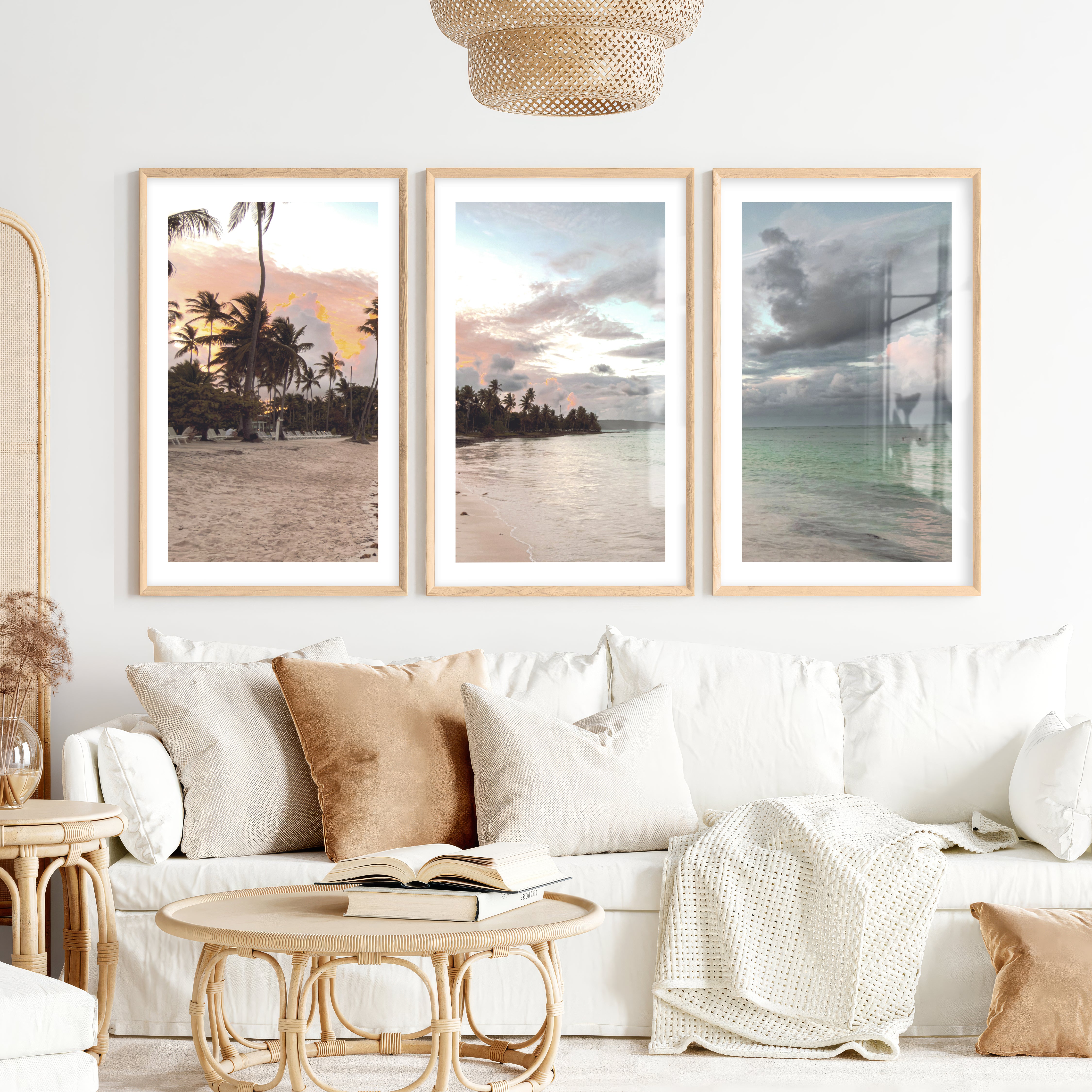 Palm Shore Coastal Style Wall Art- Natural Wood Framed Poster with White Border - Artworksets