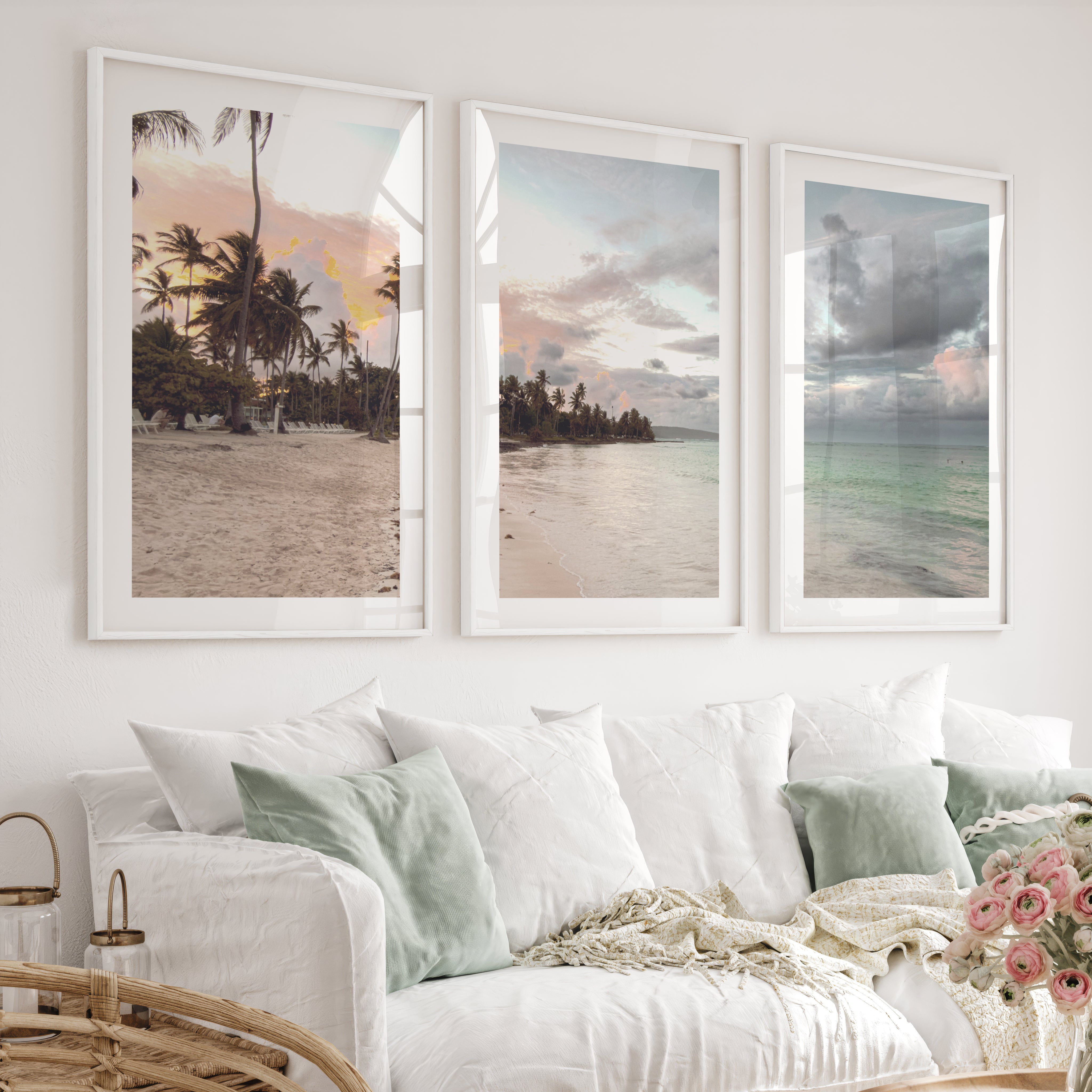 Palm Shore Coastal Style Wall Art - White Framed Poster with White Border - Artworksets
