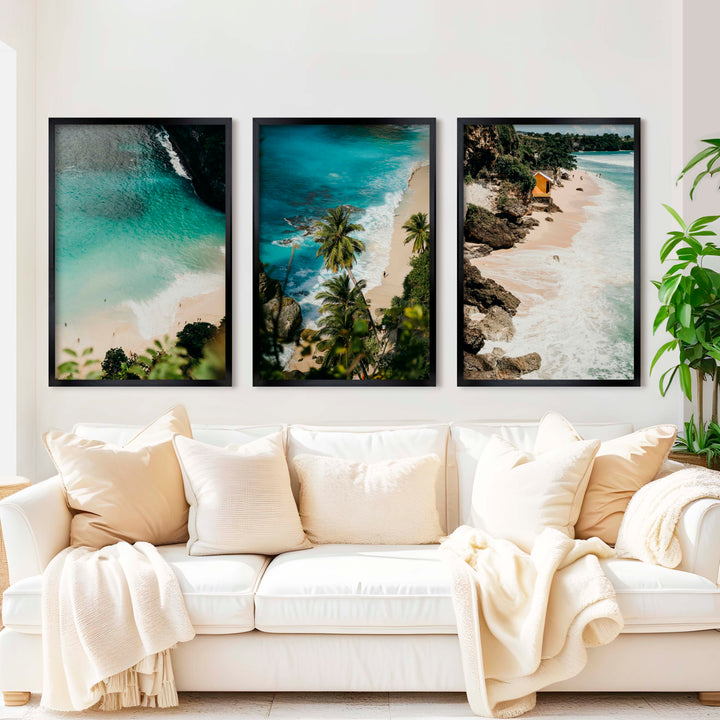 Coastal Style Wall Decor – Surfers, Shoreline & Ocean Textures (Set of 3) - Black Framed Poster No Border - Artworksets