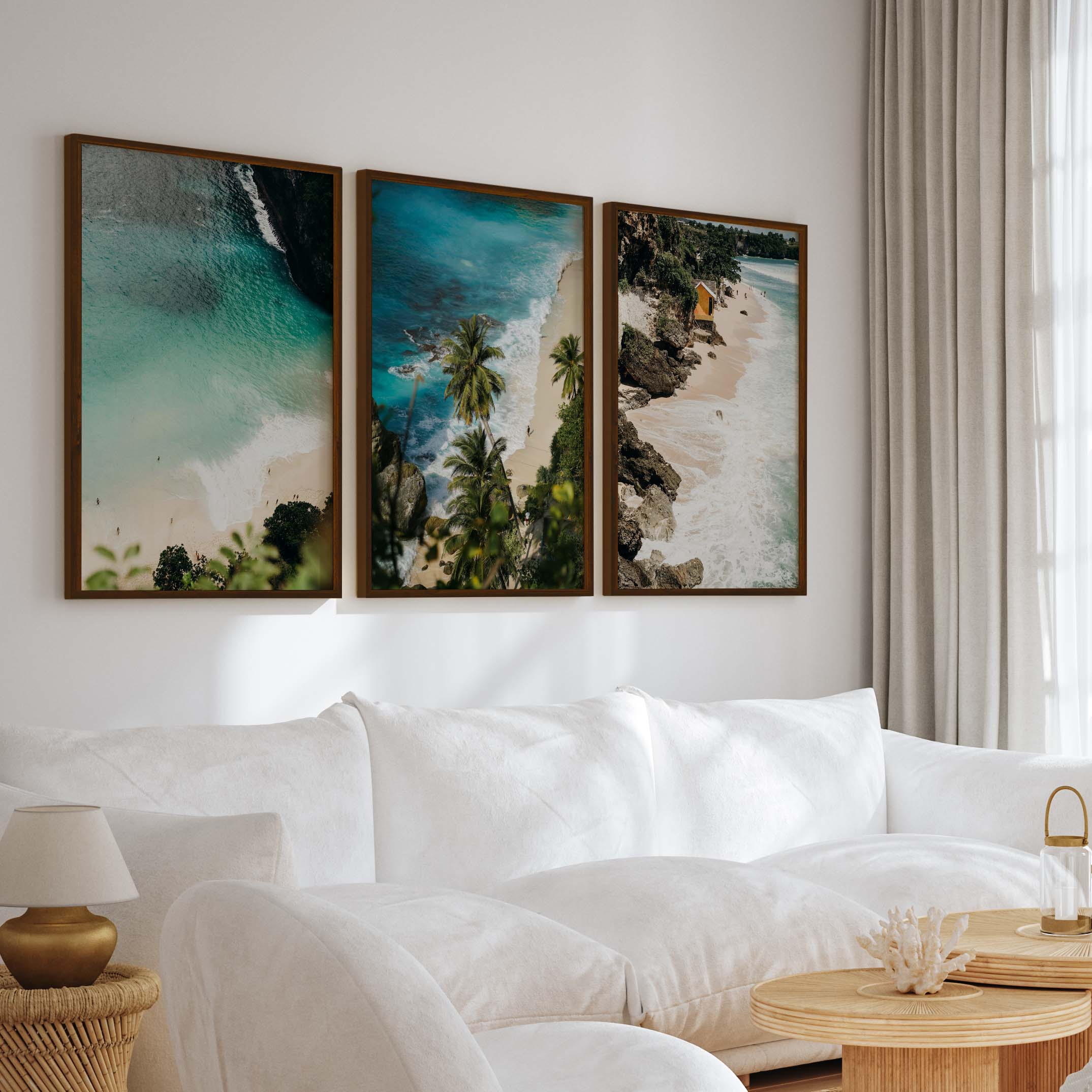 Coastal Style Wall Decor – Surfers, Shoreline & Ocean Textures (Set of 3) - Dark Brown Framed Poster No Border - Artworksets