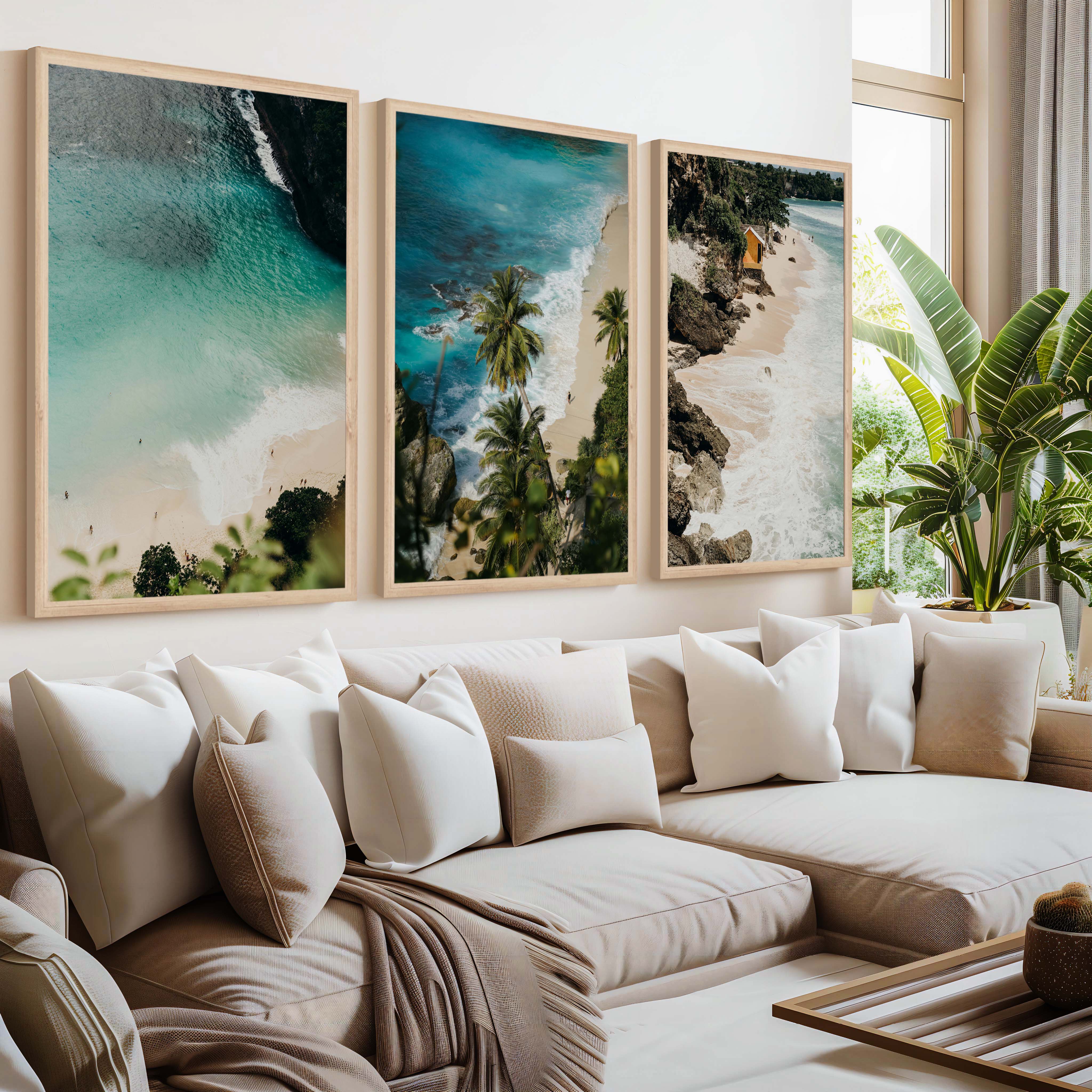 Coastal Style Wall Decor – Surfers, Shoreline & Ocean Textures (Set of 3) - Natural Wood Framed Poster No Border - Artworksets