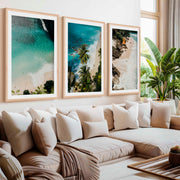 Coastal Style Wall Decor – Surfers, Shoreline & Ocean Textures (Set of 3)- Natural Wood Framed Poster with White Border - Artworksets