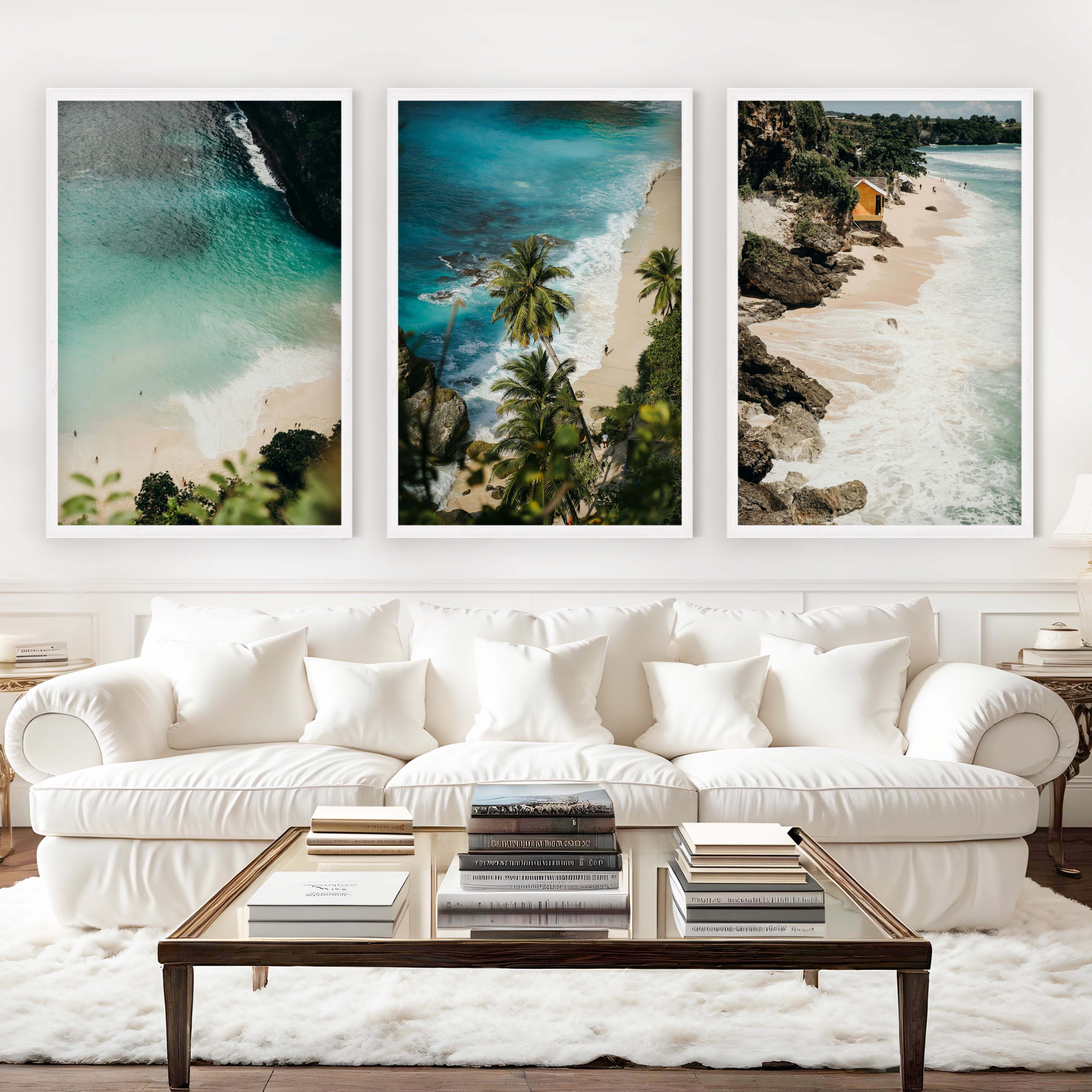 Coastal Style Wall Decor – Surfers, Shoreline & Ocean Textures (Set of 3) - White Framed Poster No Border - Artworksets