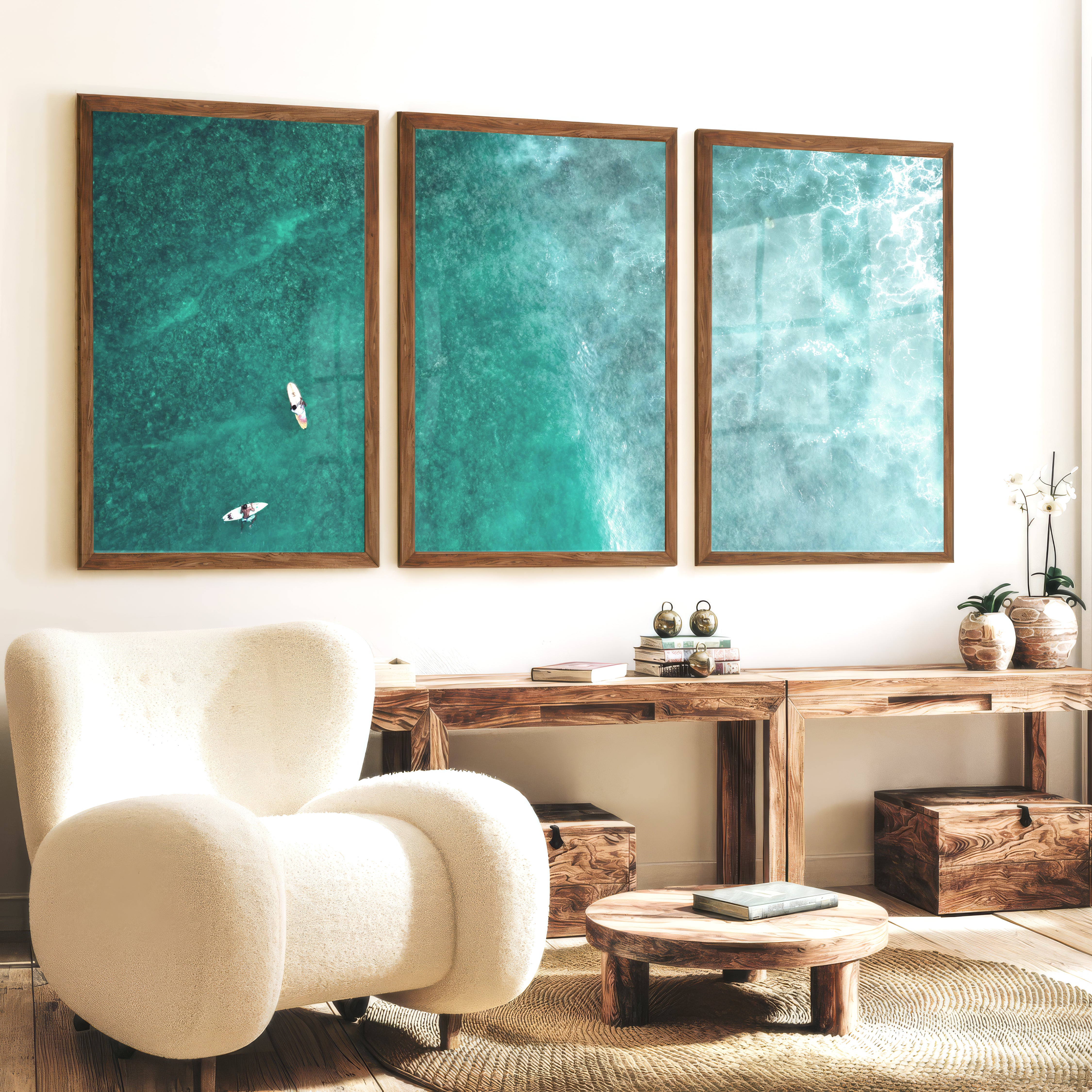 Reef Surfers coastal style wall decor - Dark Brown Framed Poster No Border - Artworksets