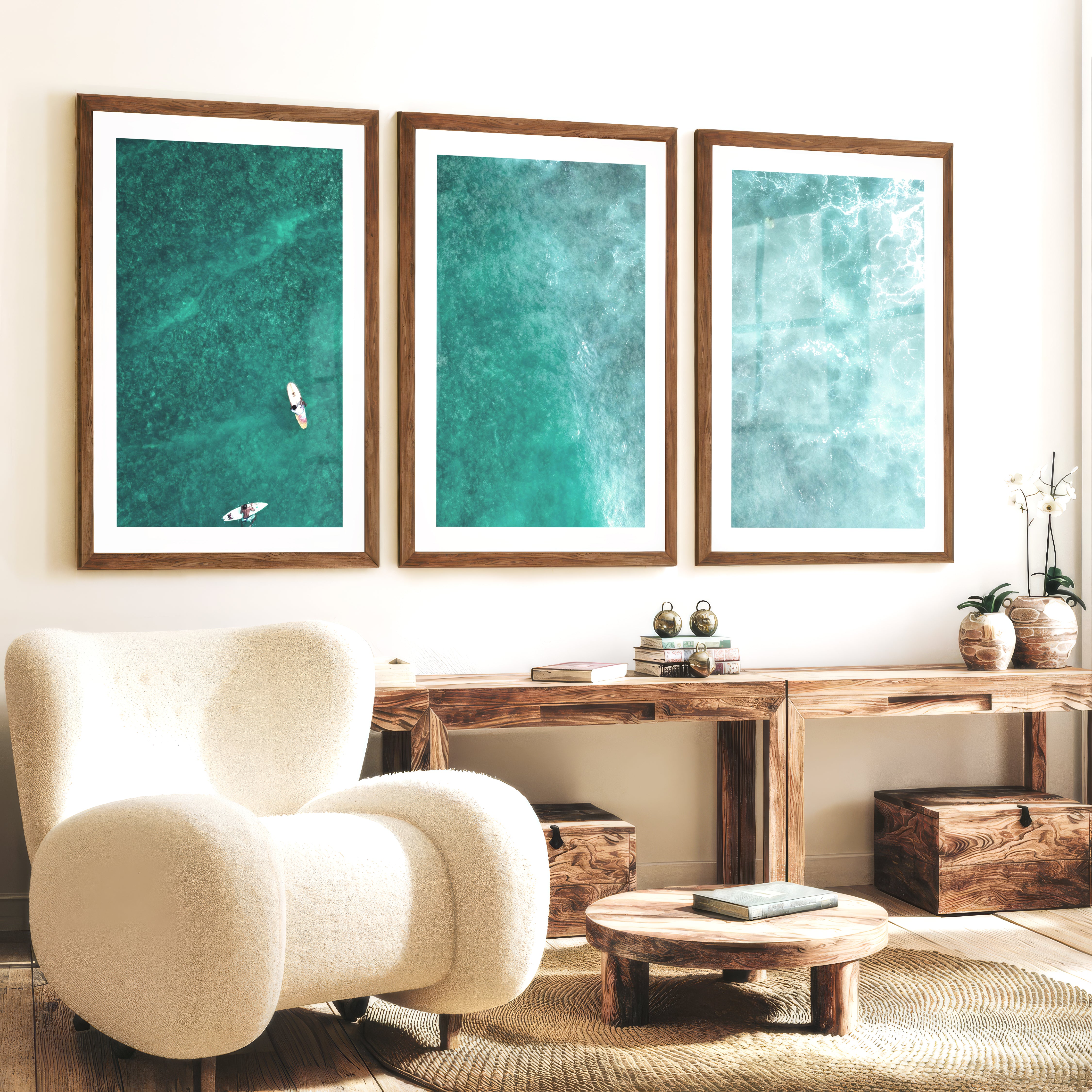 Reef Surfers coastal style wall decor - Dark Brown Framed Poster with White Border - Artworksets