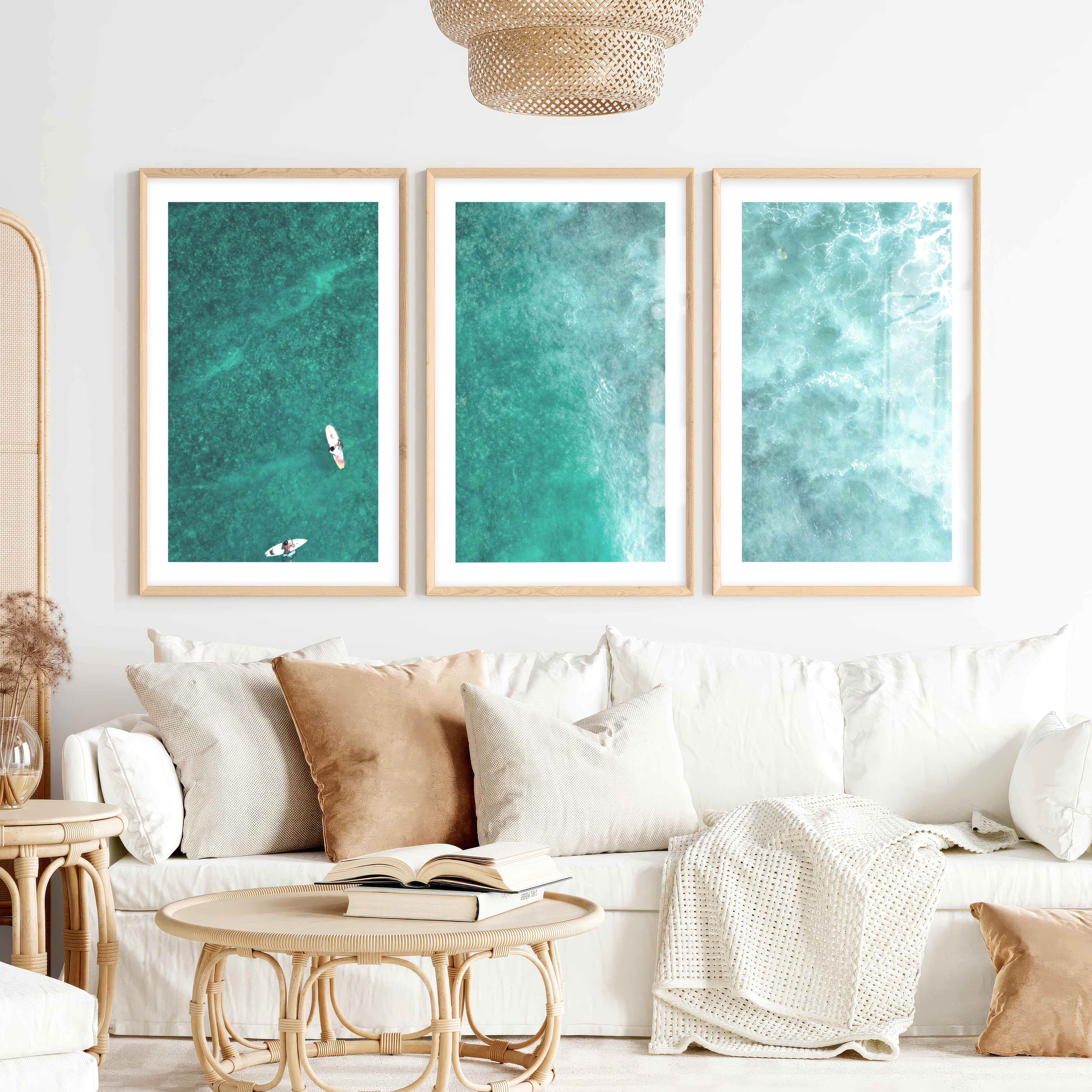Reef Surfers coastal style wall decor- Natural Wood Framed Poster with White Border - Artworksets