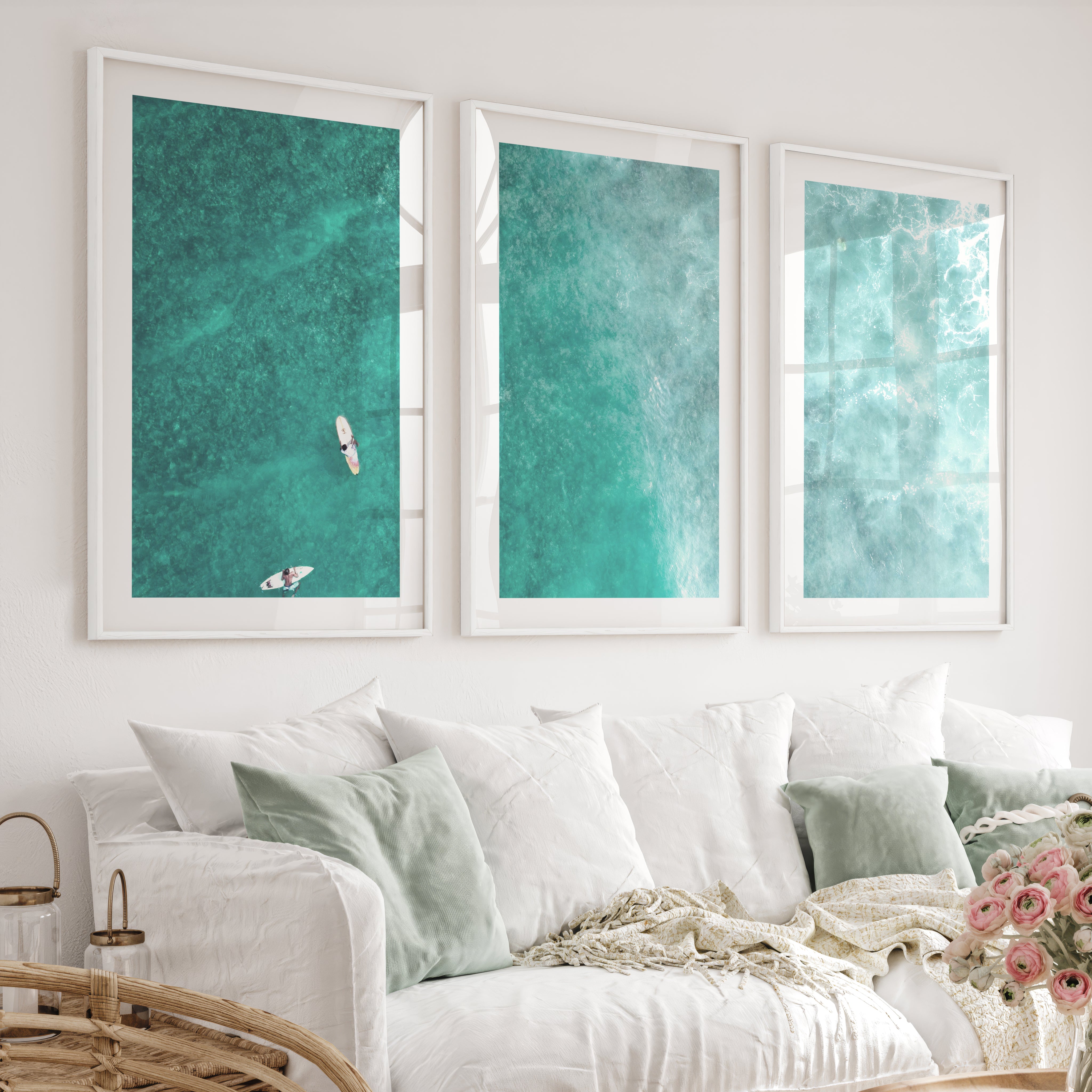 Reef Surfers coastal style wall decor - White Framed Poster with White Border - Artworksets