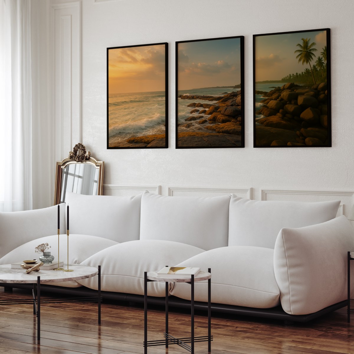 Coastal Sunset Triptych Wall Art – Ocean Rock Shoreline - Black Framed Poster No Border - Artworksets