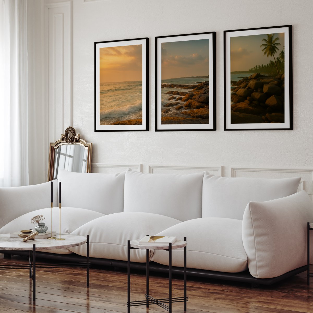 Coastal Sunset Triptych Wall Art – Ocean Rock Shoreline - Black Framed Poster with White Border - Artworksets