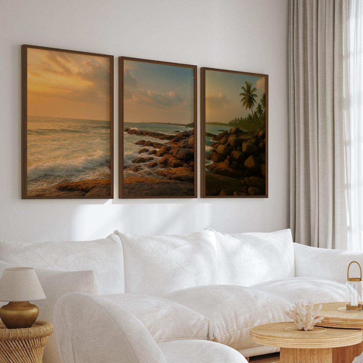 Coastal Sunset Triptych Wall Art – Ocean Rock Shoreline - Dark Brown Framed Poster No Border - Artworksets