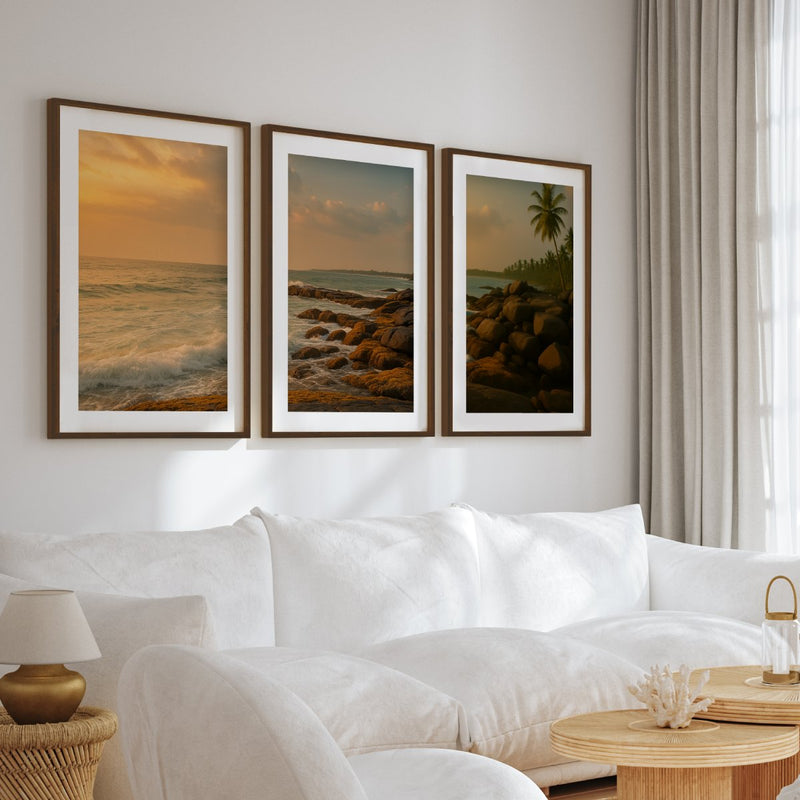 Coastal Sunset Triptych Wall Art – Ocean Rock Shoreline - Dark Brown Framed Poster with White Border - Artworksets