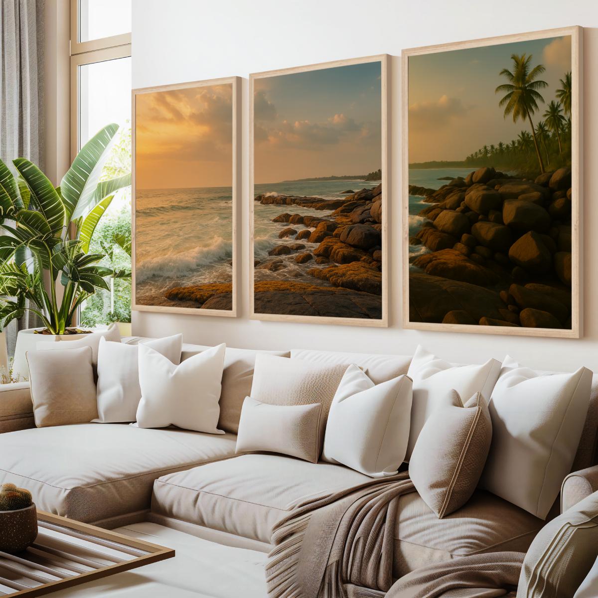 Coastal Sunset Triptych Wall Art – Ocean Rock Shoreline - Natural Wood Framed Poster No Border - Artworksets