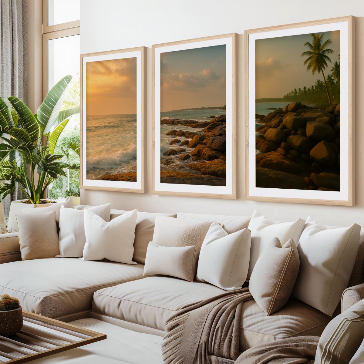 Coastal Sunset Triptych Wall Art – Ocean Rock Shoreline- Natural Wood Framed Poster with White Border - Artworksets