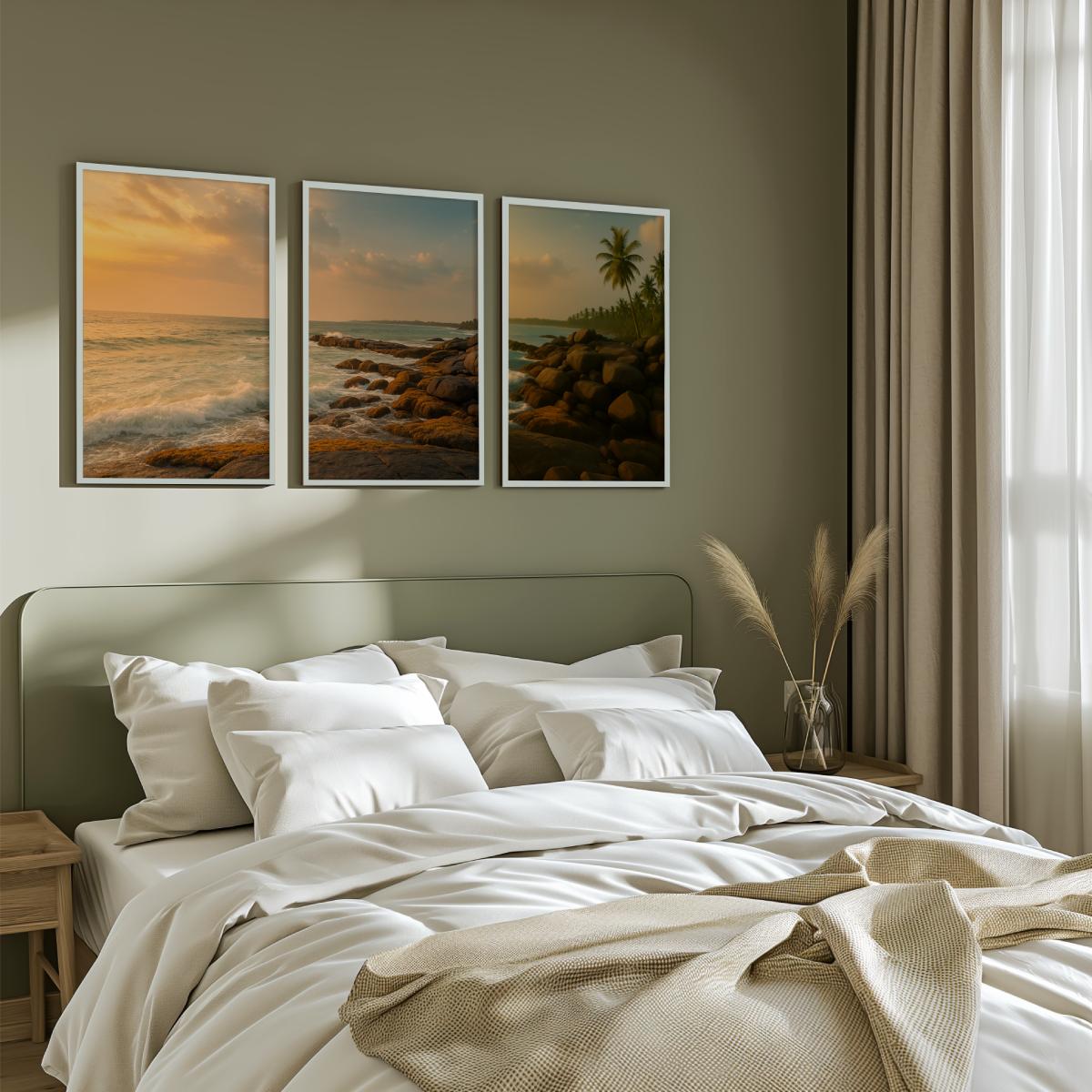 Coastal Sunset Triptych Wall Art – Ocean Rock Shoreline - White Framed Poster No Border - Artworksets