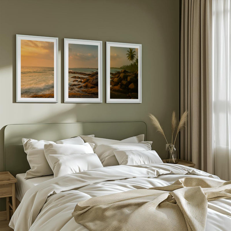 Coastal Sunset Triptych Wall Art – Ocean Rock Shoreline - White Framed Poster with White Border - Artworksets