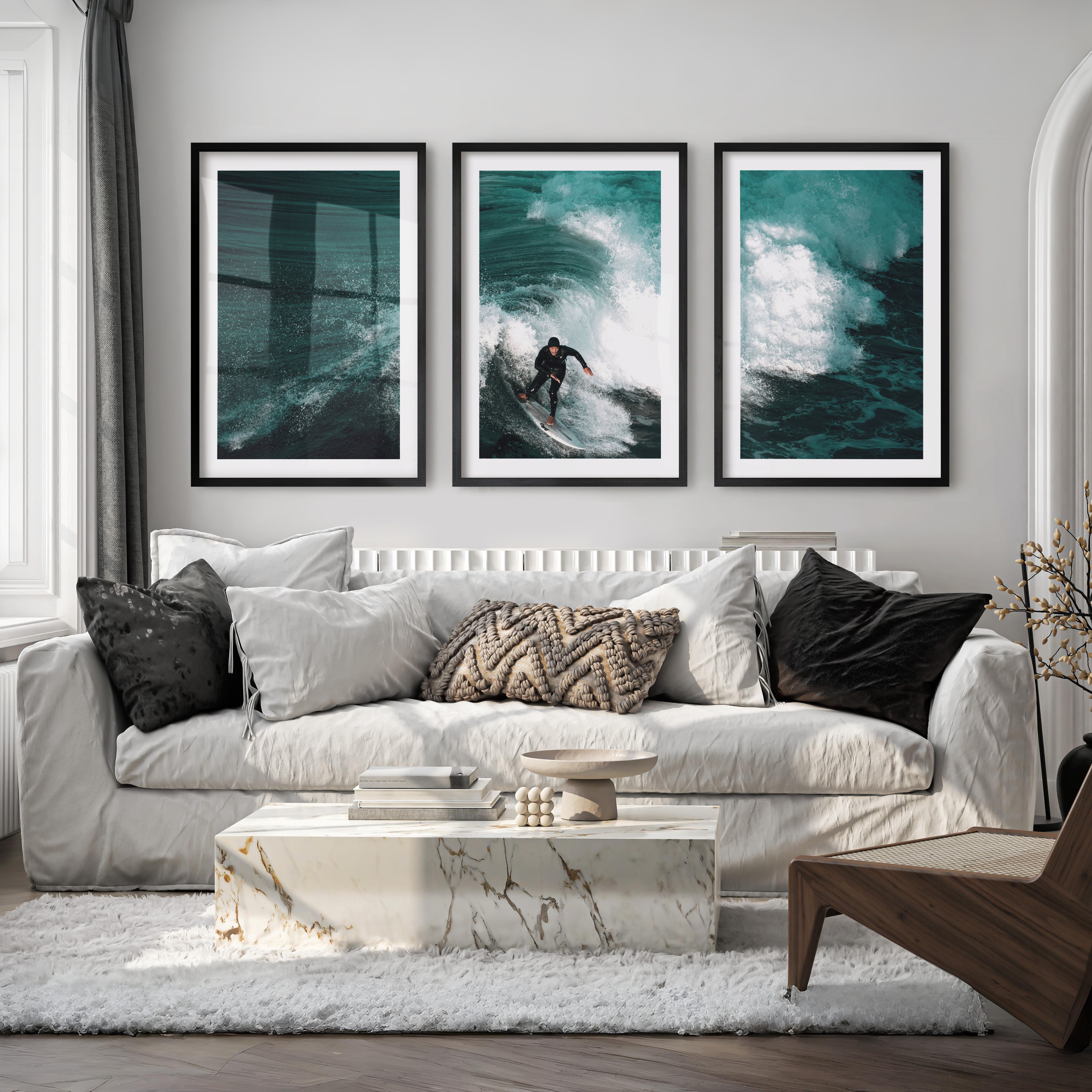 Wave Rider coastal themed artwork - Black Framed Poster with White Border - Artworksets