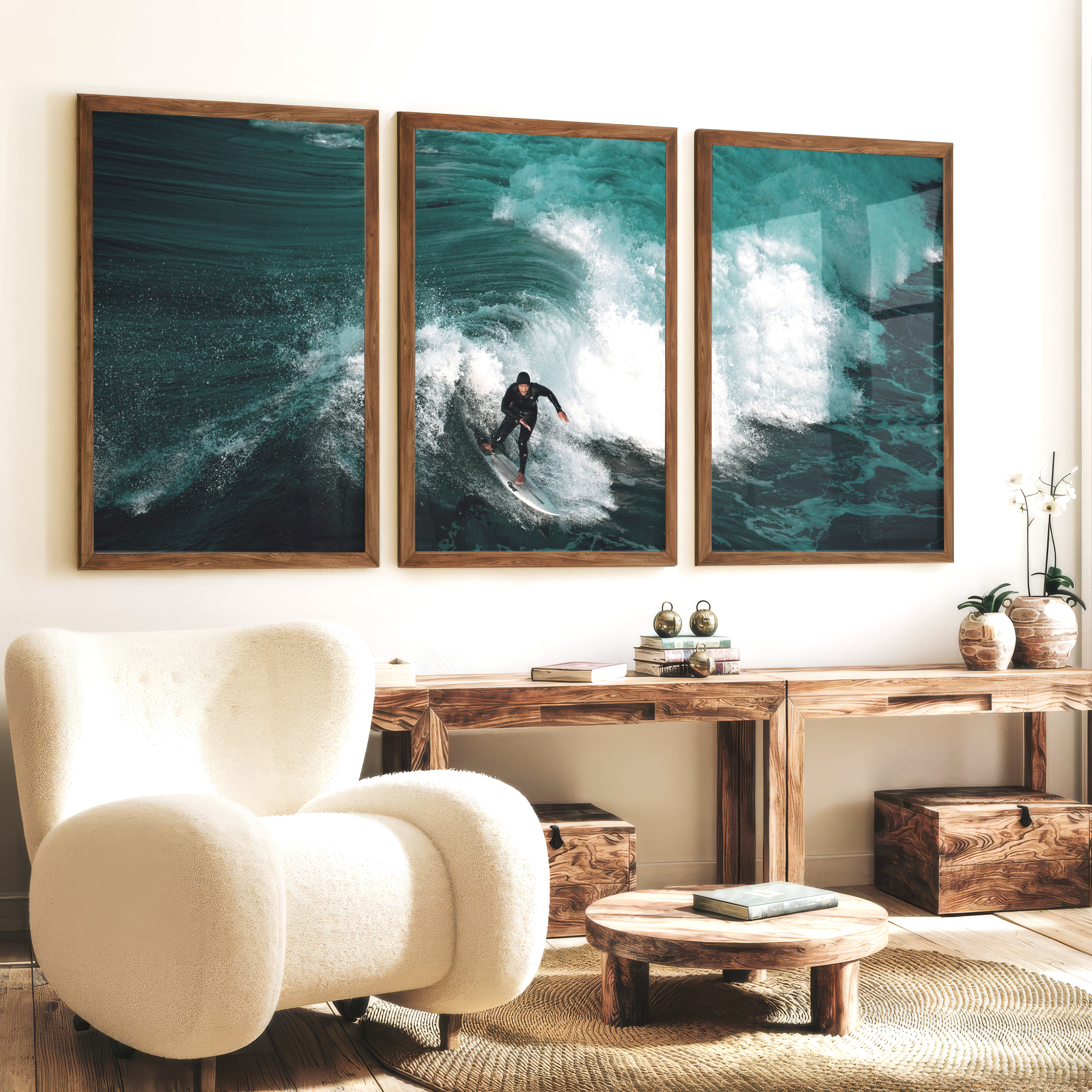 Wave Rider coastal themed artwork - Dark Brown Framed Poster No Border - Artworksets