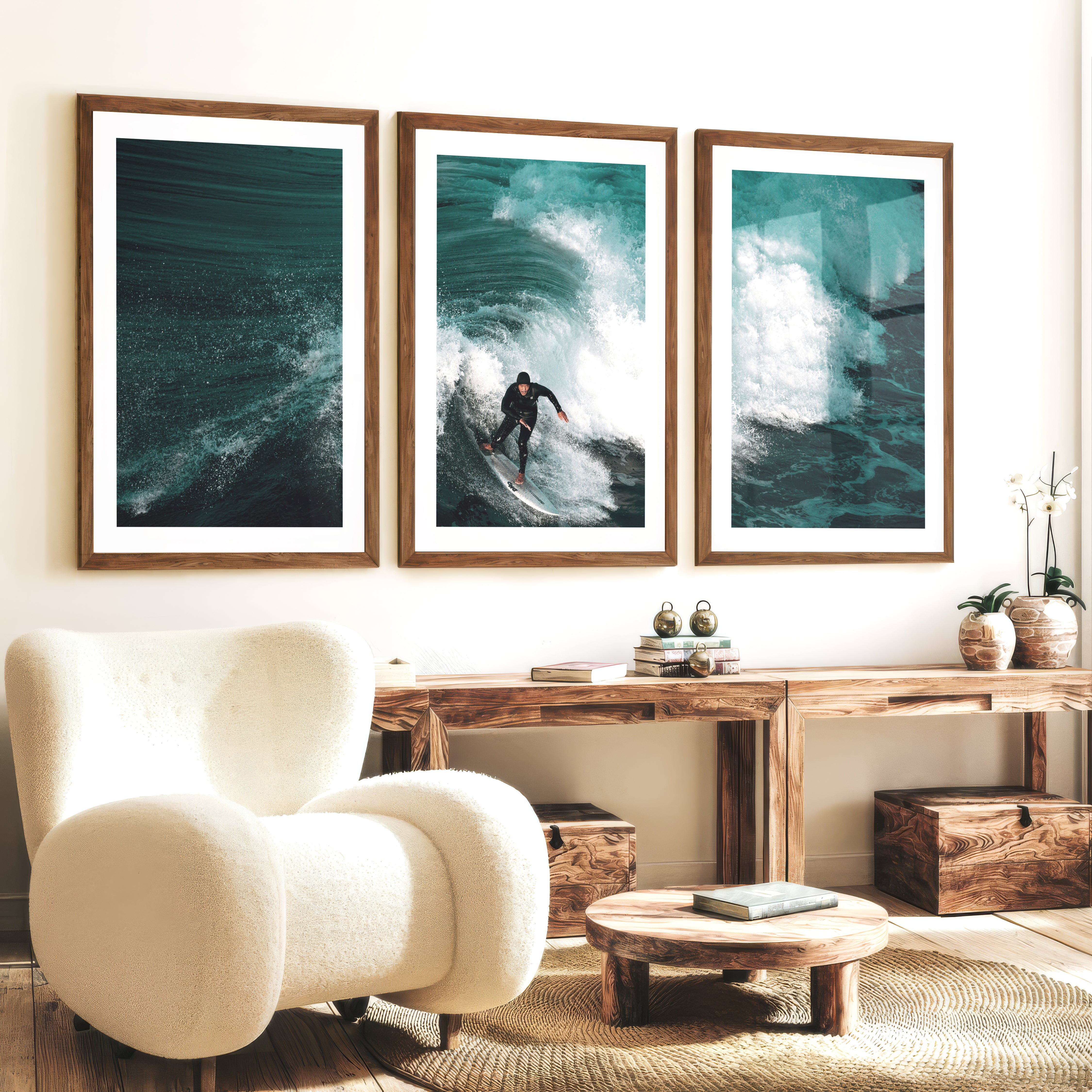 Wave Rider coastal themed artwork - Dark Brown Framed Poster with White Border - Artworksets