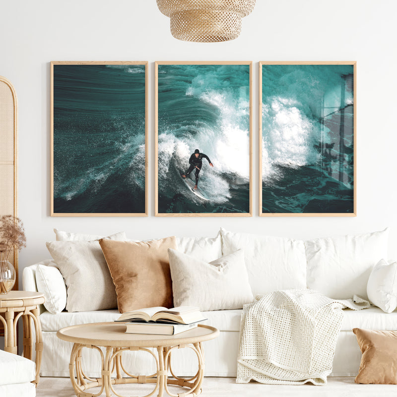 Wave Rider coastal themed artwork - Natural Wood Framed Poster No Border - Artworksets