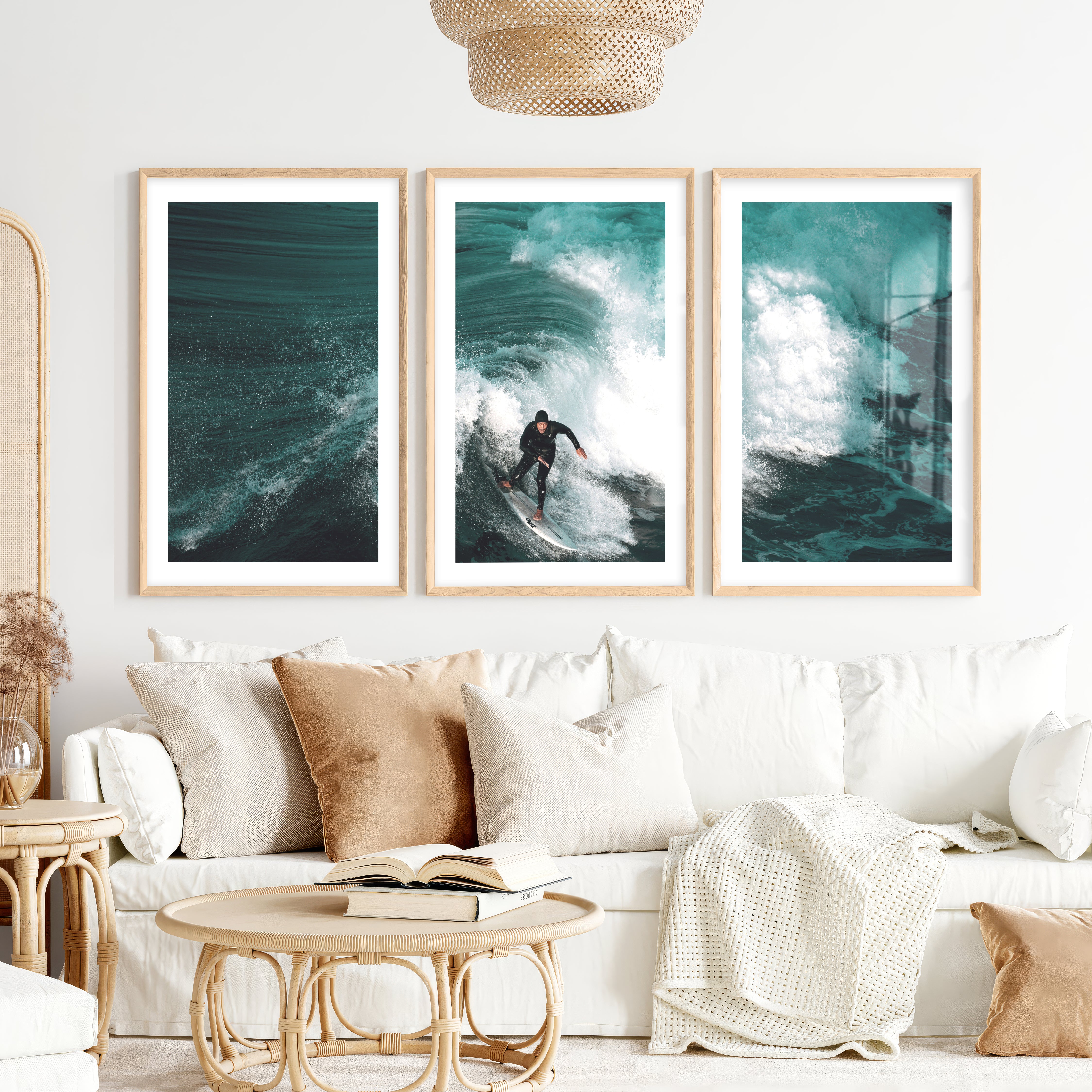 Wave Rider coastal themed artwork- Natural Wood Framed Poster with White Border - Artworksets