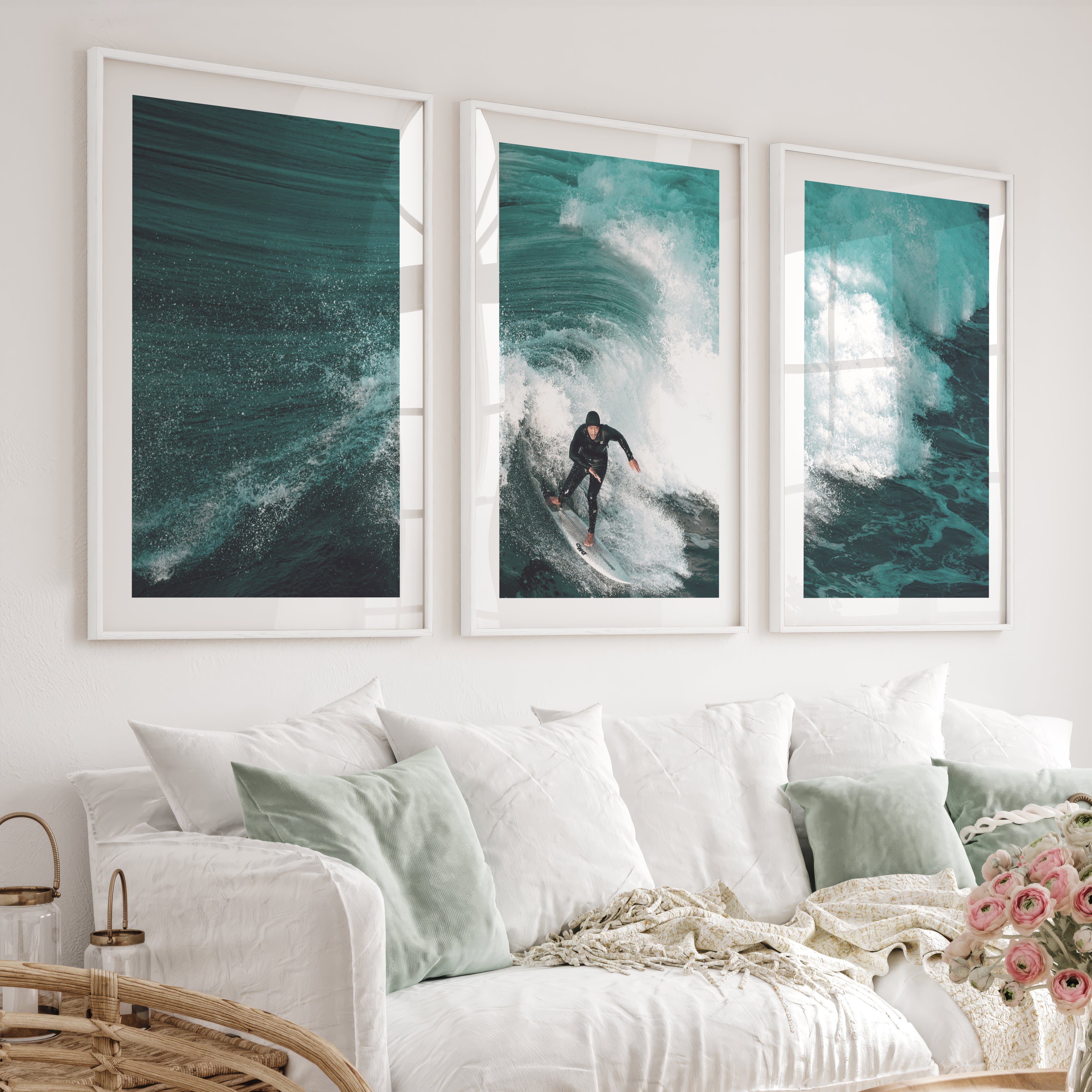 Wave Rider coastal themed artwork - White Framed Poster with White Border - Artworksets