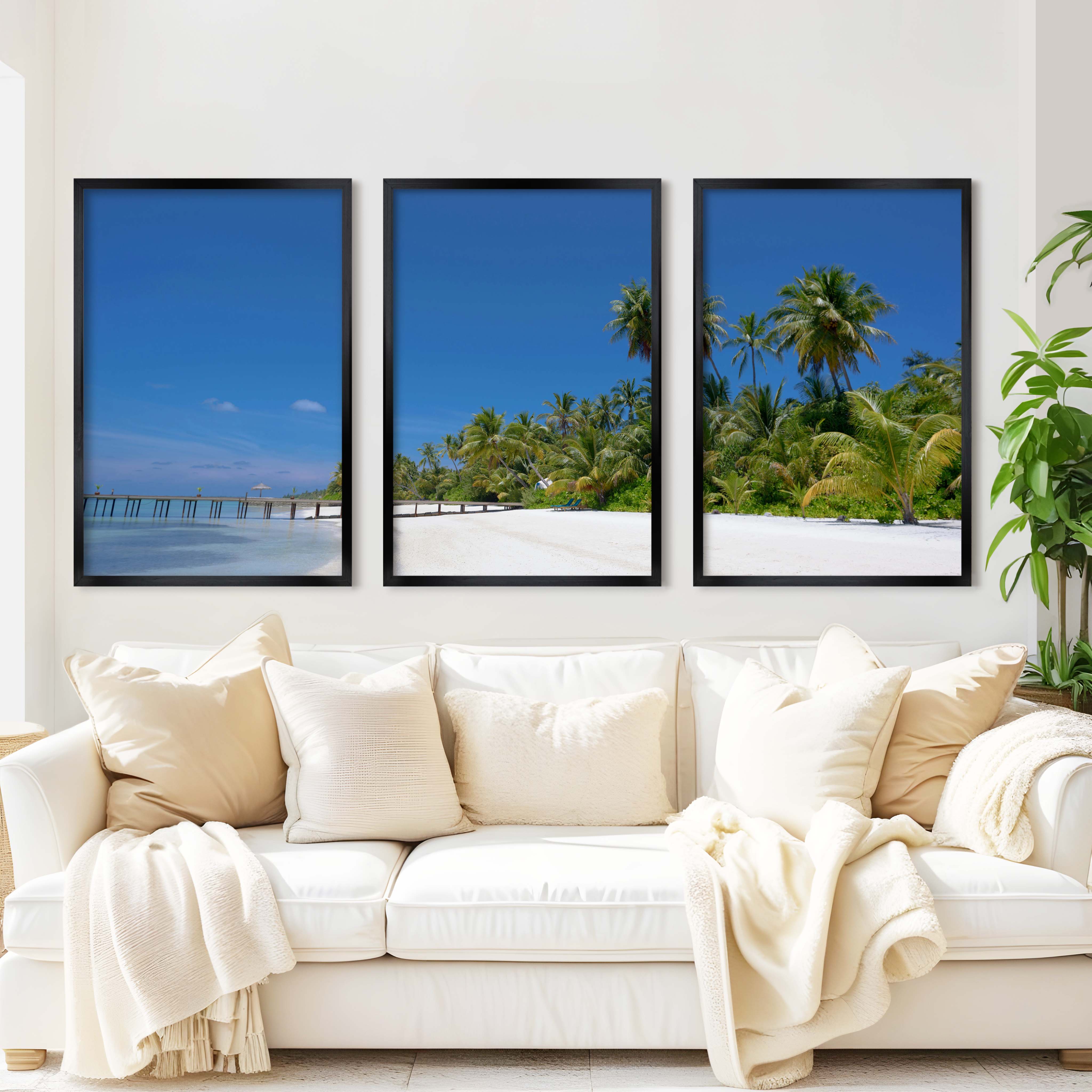 Coastal Themed Artwork – Palm Trees and Ocean Pier Scene - Black Framed Poster No Border - Artworksets