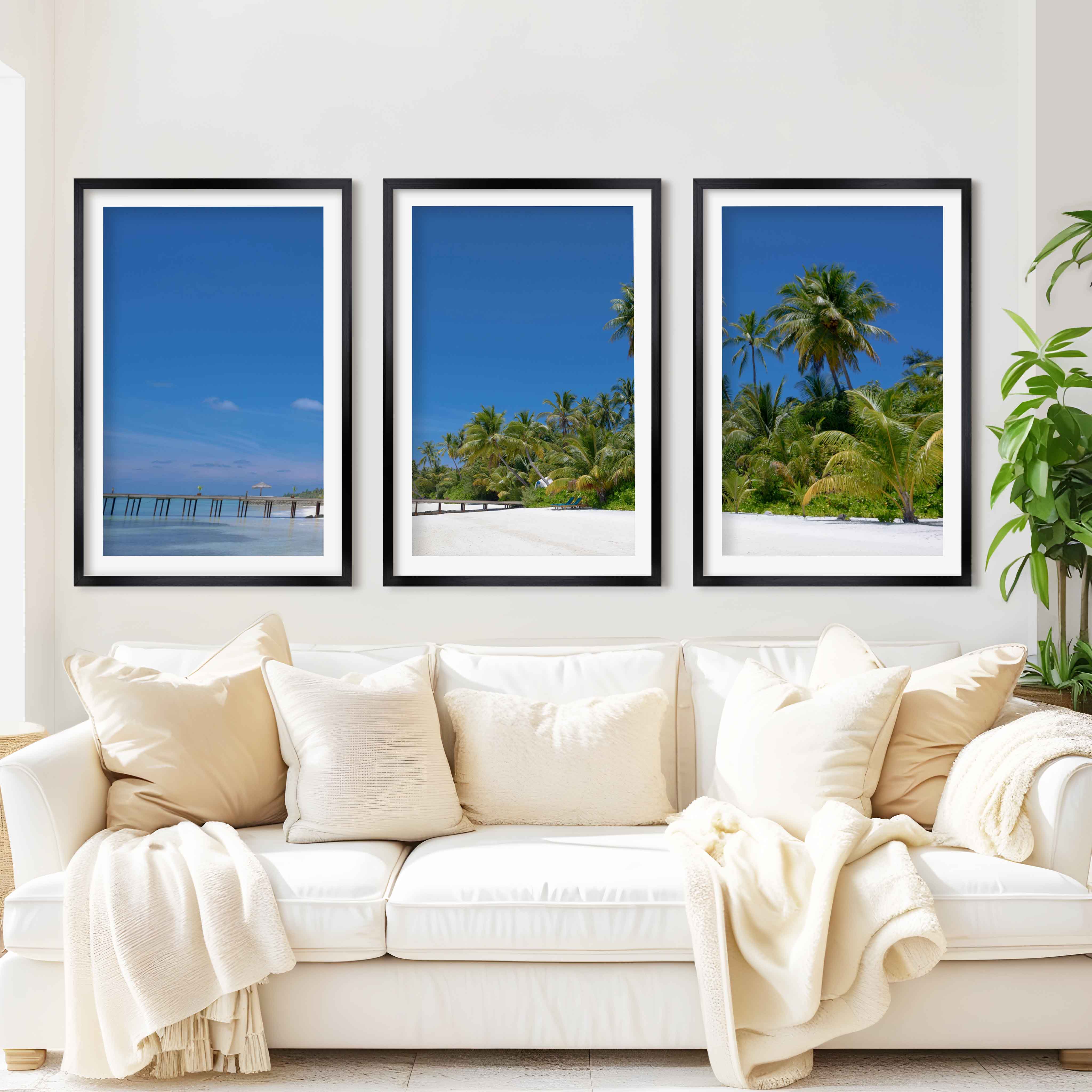 Coastal Themed Artwork – Palm Trees and Ocean Pier Scene - Black Framed Poster with White Border - Artworksets