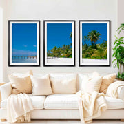 Coastal Themed Artwork – Palm Trees and Ocean Pier Scene - Black Framed Poster with White Border - Artworksets
