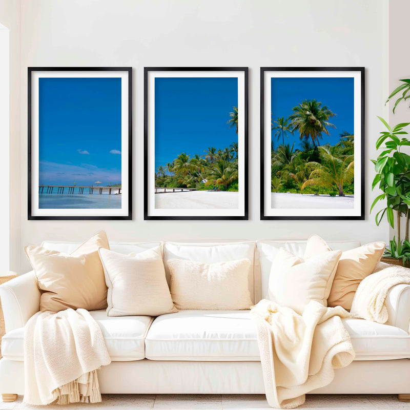 Coastal Themed Artwork – Palm Trees and Ocean Pier Scene - Black Framed Poster with White Border - Artworksets