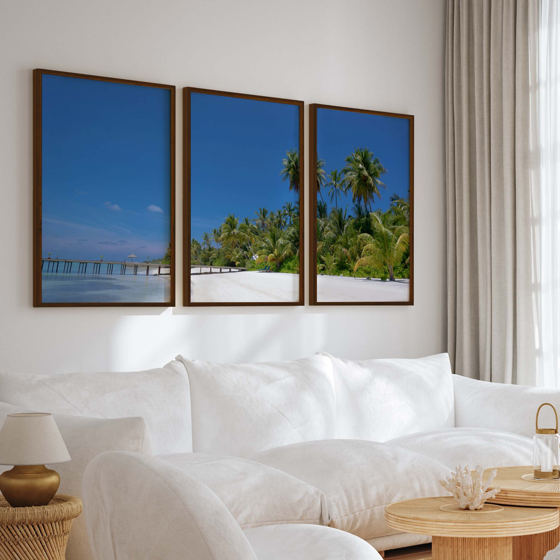 Coastal Themed Artwork – Palm Trees and Ocean Pier Scene - Dark Brown Framed Poster No Border - Artworksets