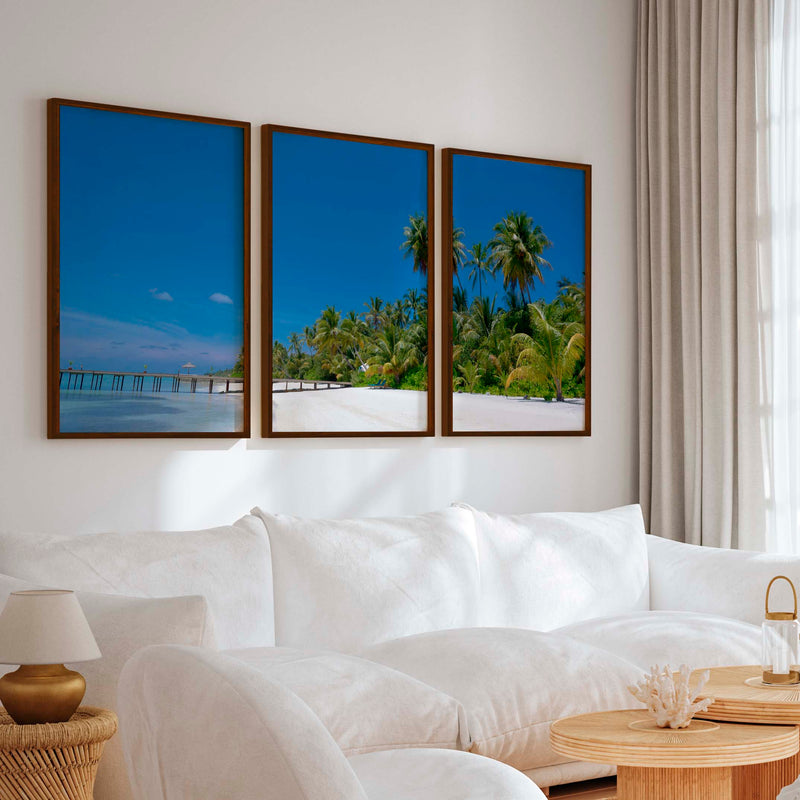 Coastal Themed Artwork – Palm Trees and Ocean Pier Scene - Dark Brown Framed Poster No Border - Artworksets
