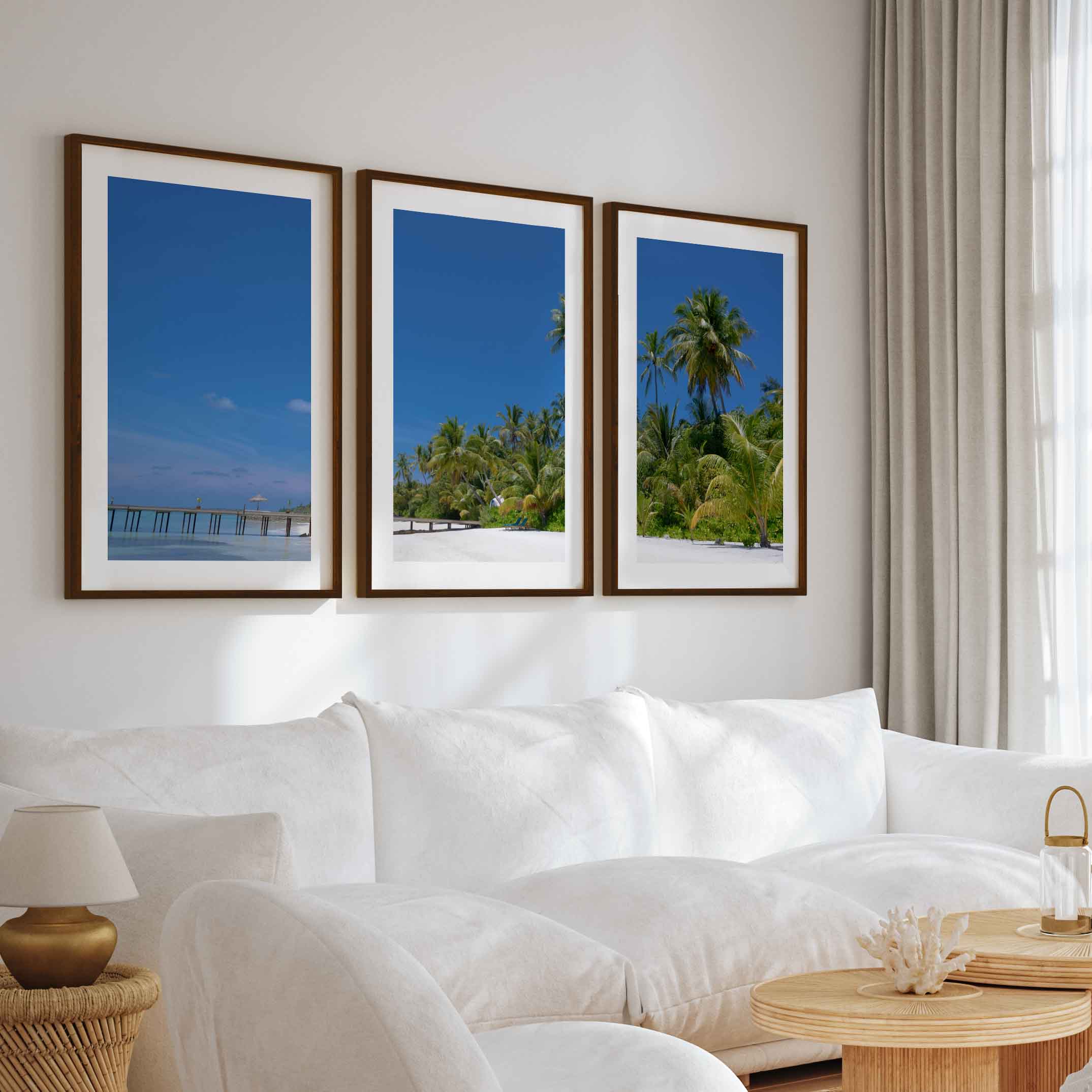 Coastal Themed Artwork – Palm Trees and Ocean Pier Scene - Dark Brown Framed Poster with White Border - Artworksets