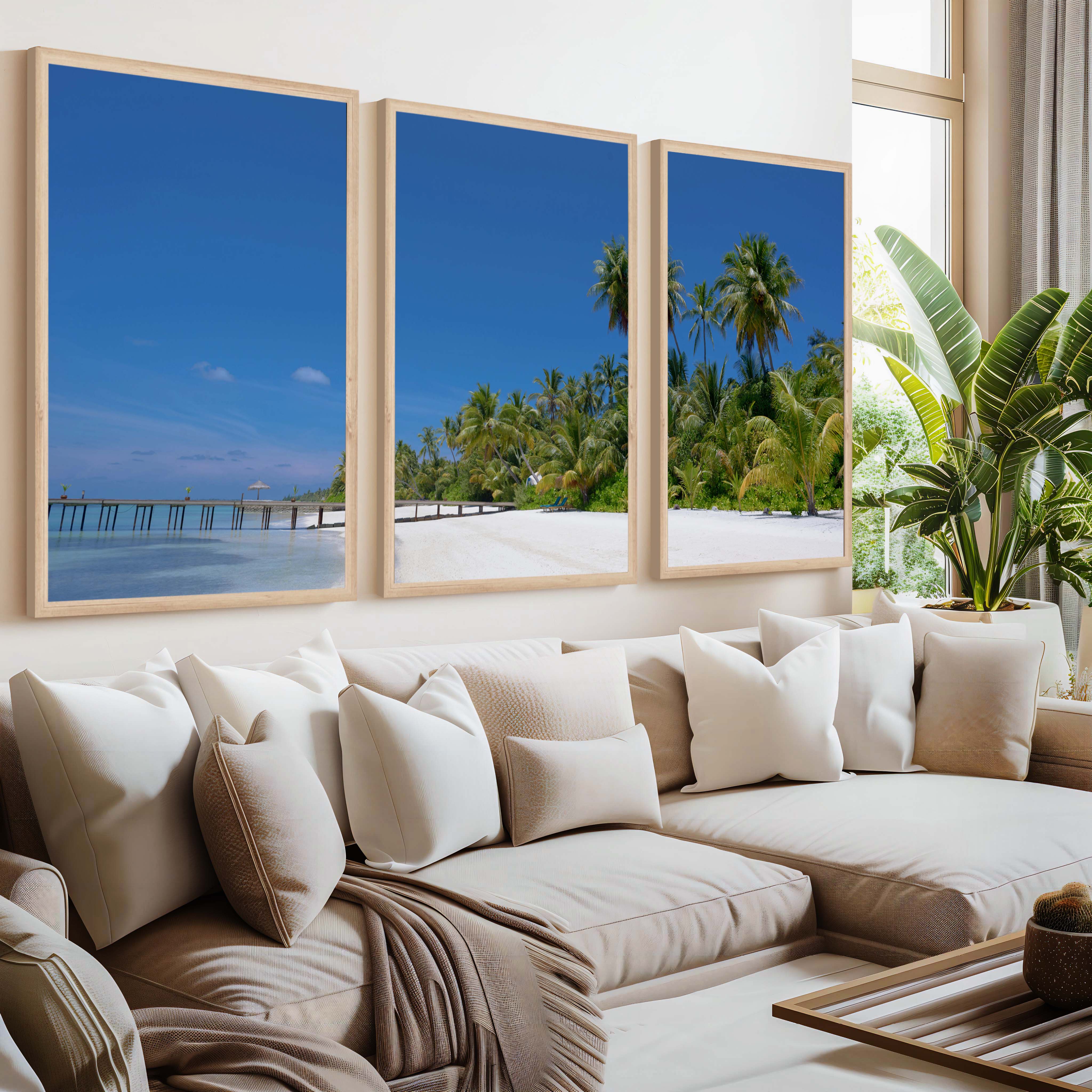 Coastal Themed Artwork – Palm Trees and Ocean Pier Scene - Natural Wood Framed Poster No Border - Artworksets