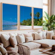 Coastal Themed Artwork – Palm Trees and Ocean Pier Scene - Natural Wood Framed Poster No Border - Artworksets