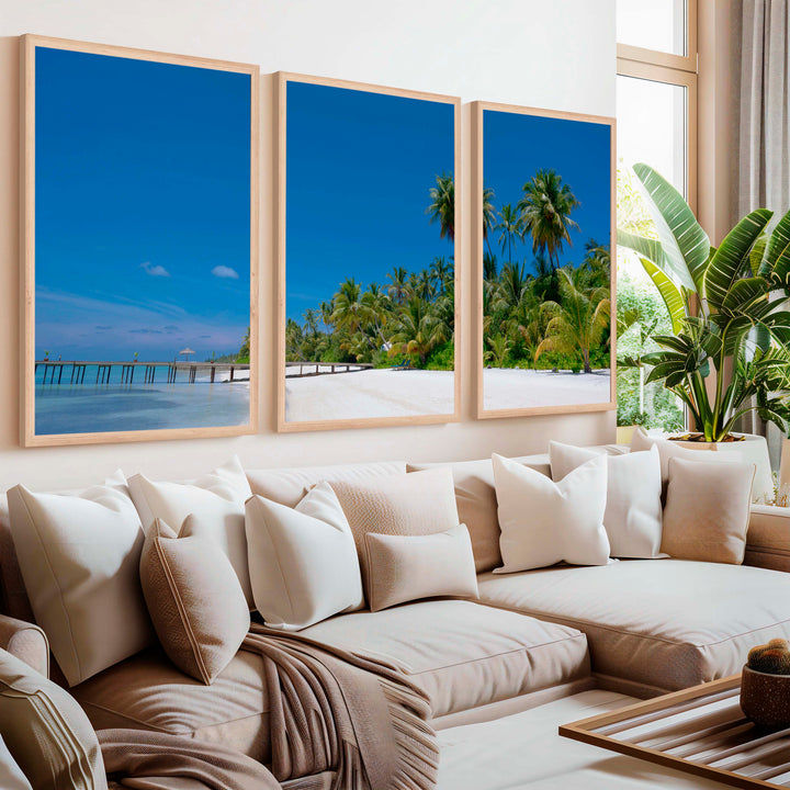 Coastal Themed Artwork – Palm Trees and Ocean Pier Scene - Natural Wood Framed Poster No Border - Artworksets