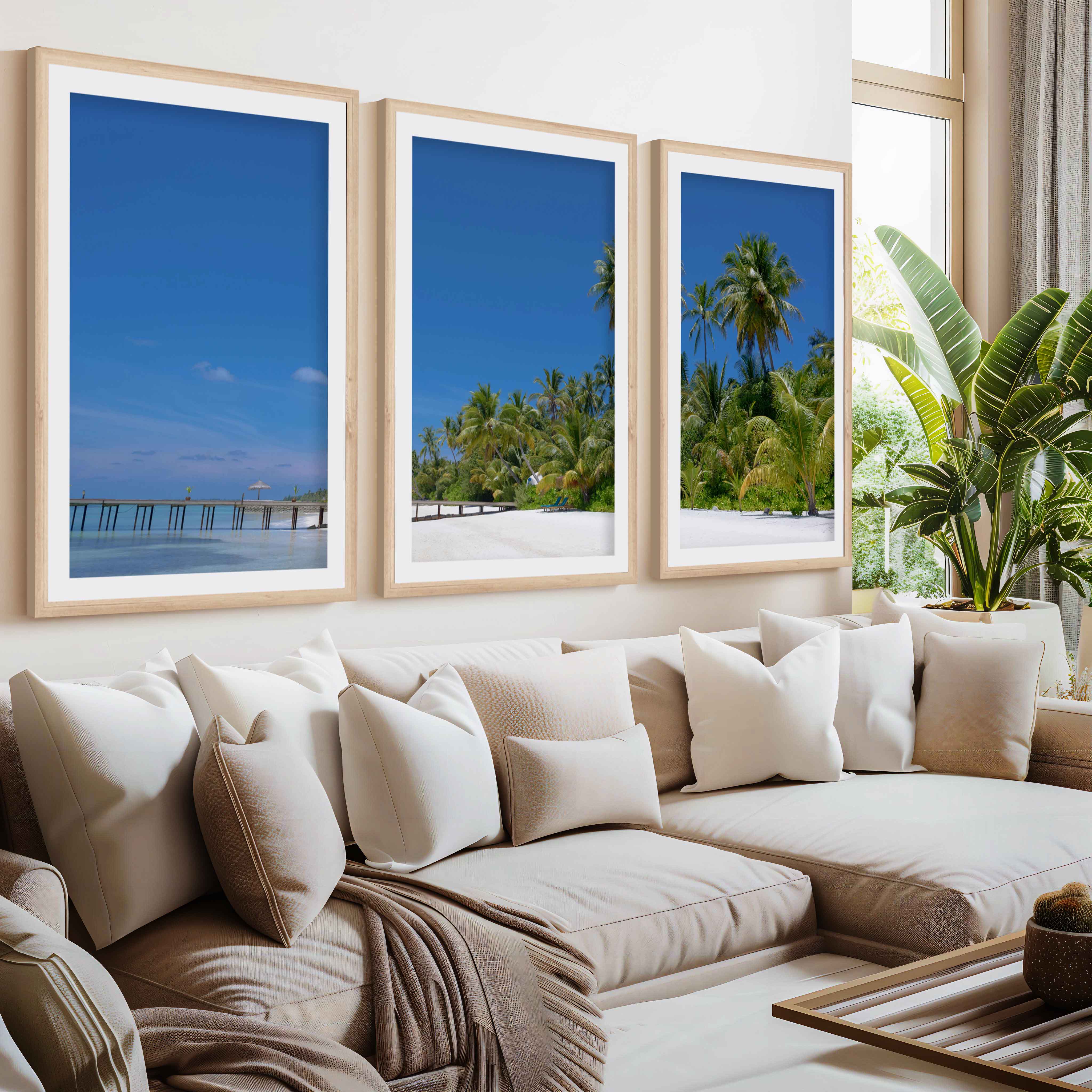 Coastal Themed Artwork – Palm Trees and Ocean Pier Scene- Natural Wood Framed Poster with White Border - Artworksets