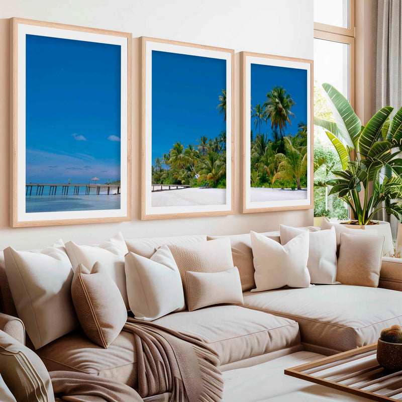 Coastal Themed Artwork – Palm Trees and Ocean Pier Scene- Natural Wood Framed Poster with White Border - Artworksets