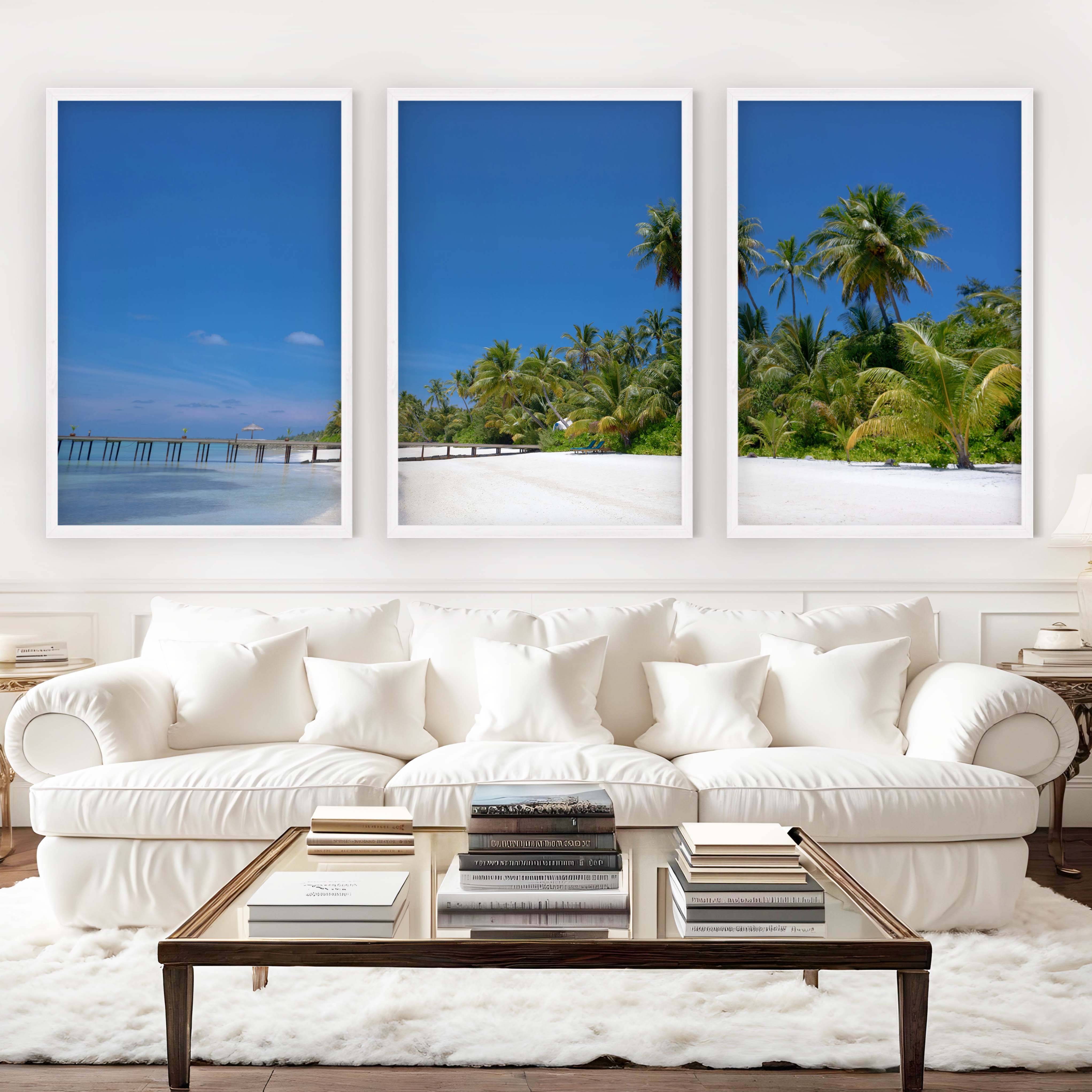 Coastal Themed Artwork – Palm Trees and Ocean Pier Scene - White Framed Poster No Border - Artworksets