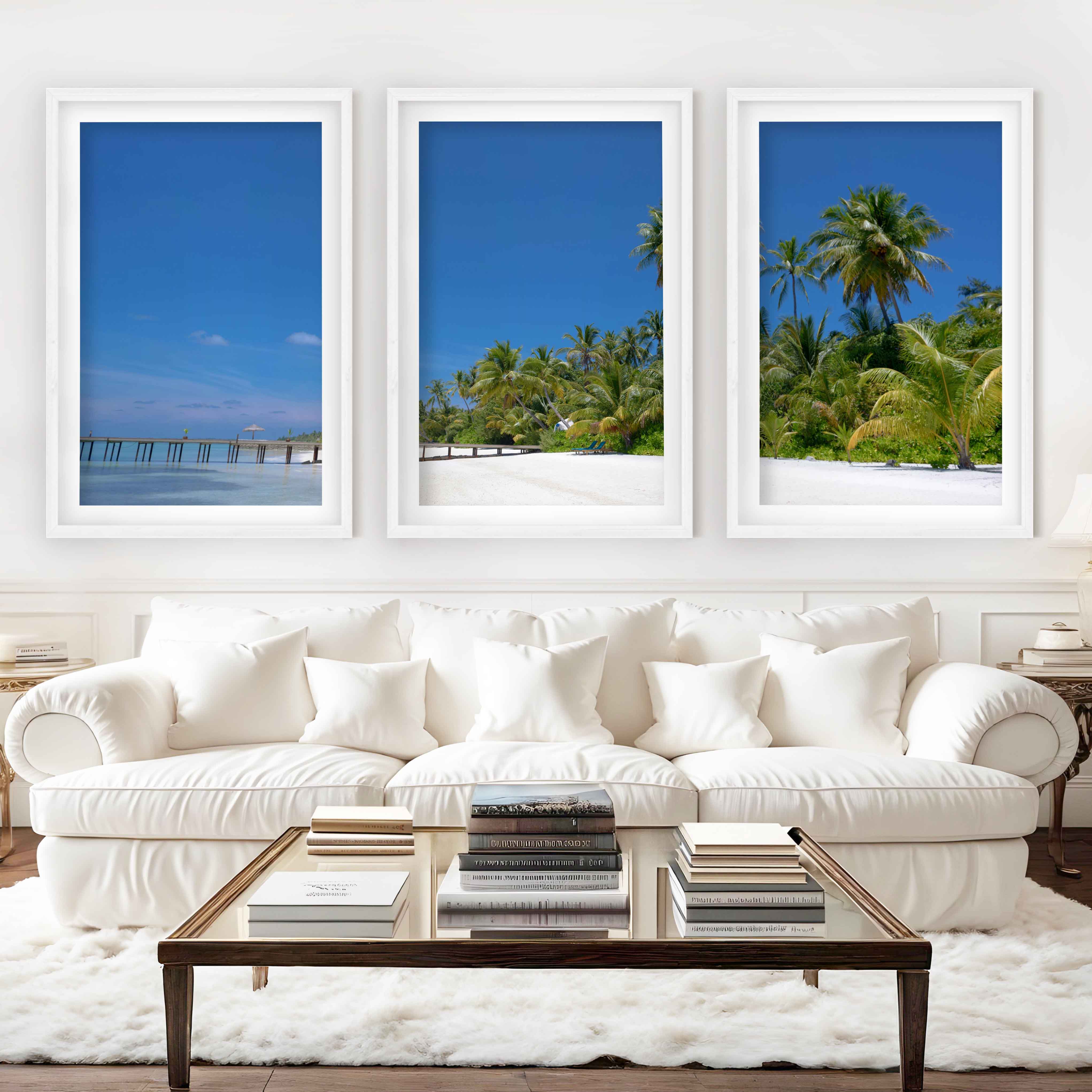 Coastal Themed Artwork – Palm Trees and Ocean Pier Scene - White Framed Poster with White Border - Artworksets