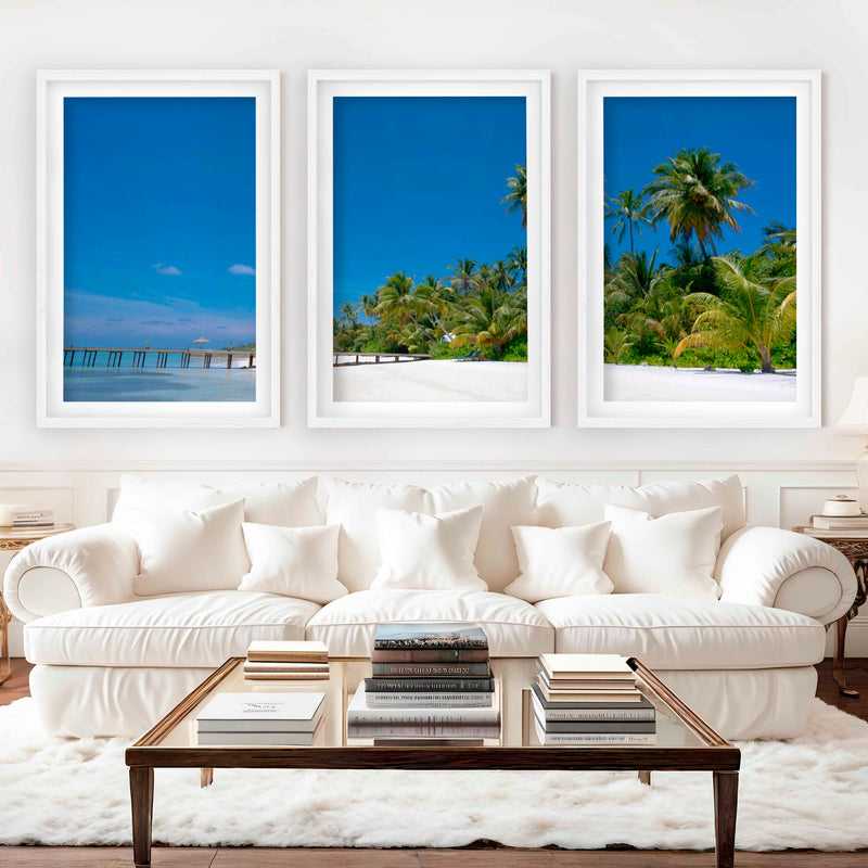 Coastal Themed Artwork – Palm Trees and Ocean Pier Scene - White Framed Poster with White Border - Artworksets